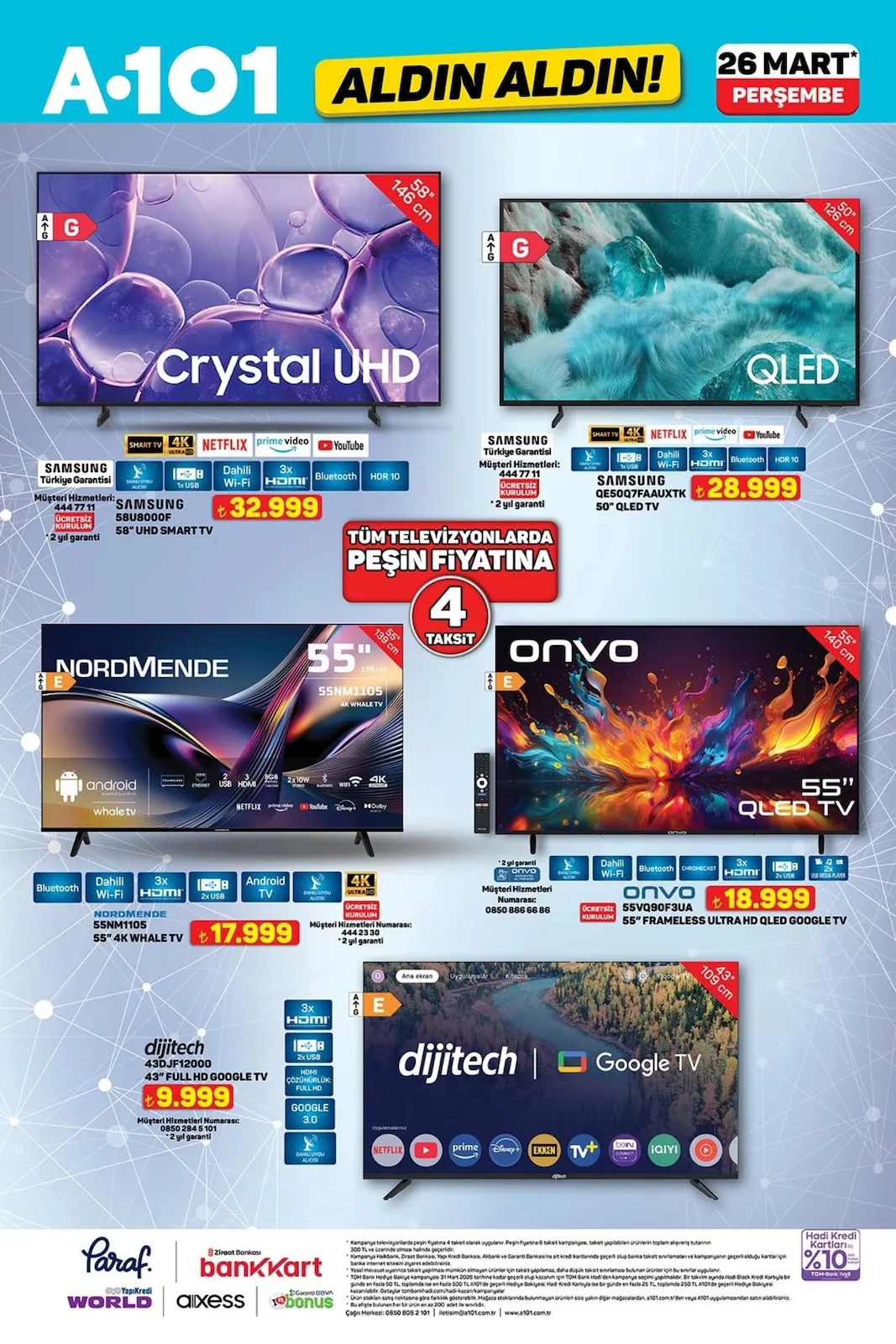 A101 A101 26 Mart 2026 Aktüel Kataloğu sayfa 1: Samsung 58U8000F 58 Uhd Smart Tv, Samsung Qe50Q7Faauxtk 50 Qled Tv