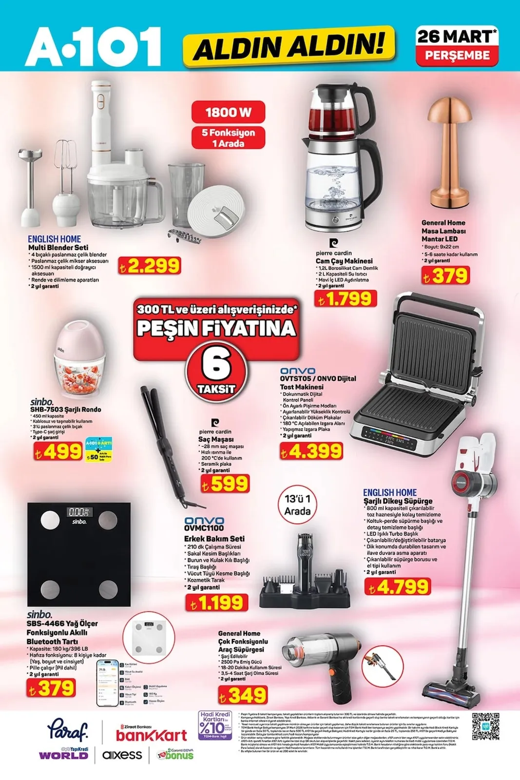 A101 A101 26 Mart 2026 Aktüel Kataloğu sayfa 4: Pierre Cardin Cam Çay Makinesi, Sinbo Shb-7503 Şarjlı Rondo