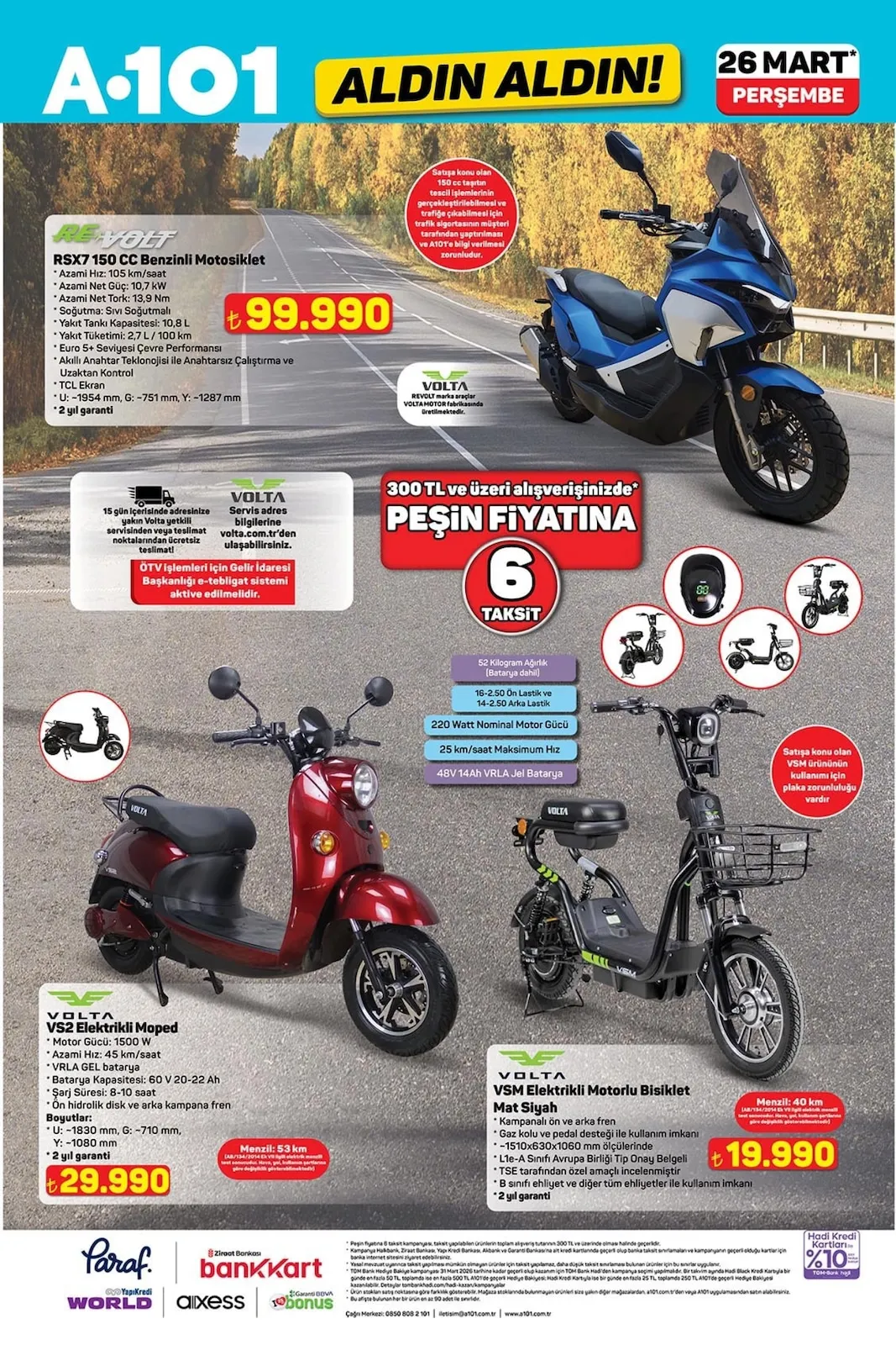 A101 A101 26 Mart 2026 Aktüel Kataloğu sayfa 5: Revolt Rsx7 150 Cc Benzinli Motosiklet, Volta Vs2 Elektrikli Moped