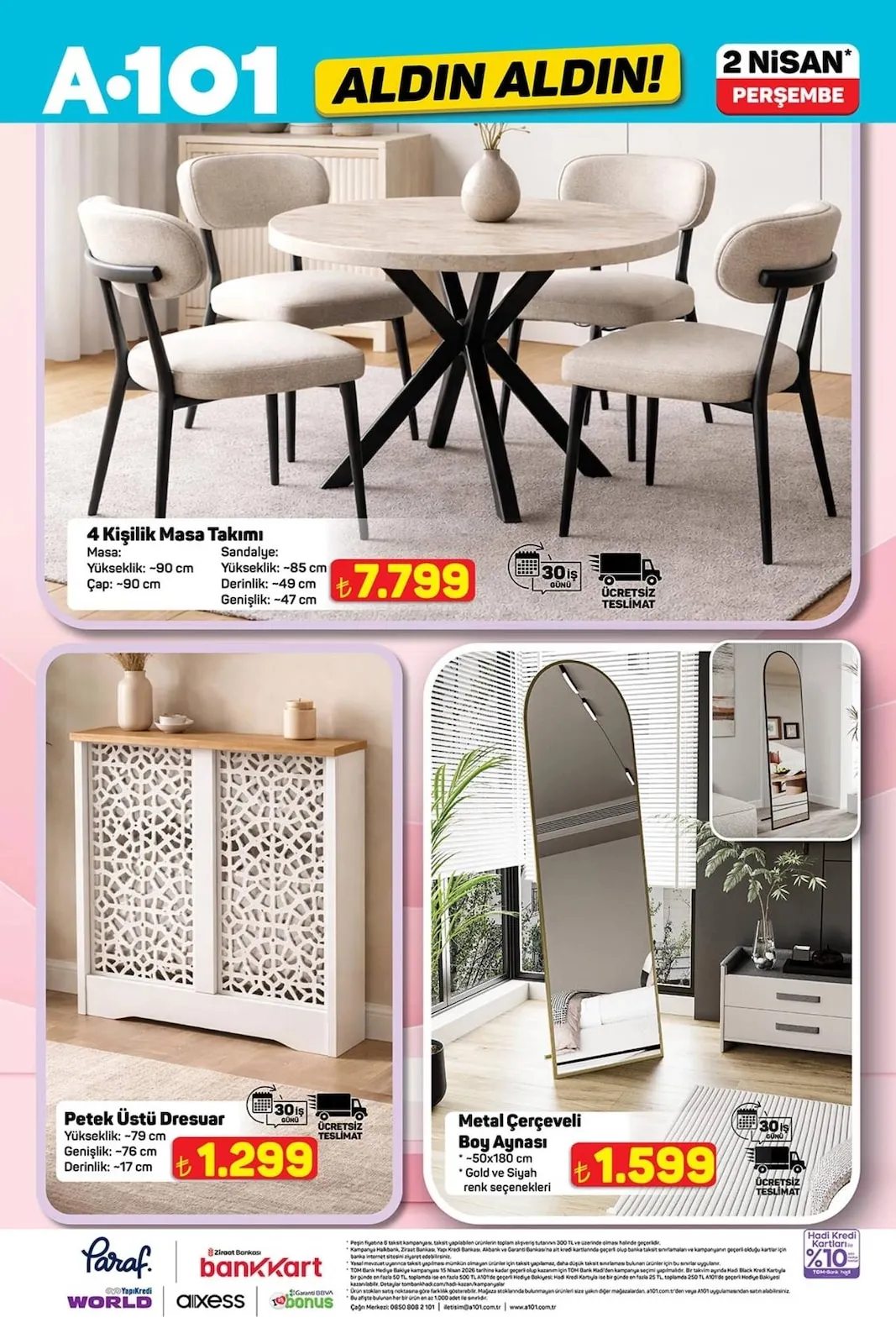 A101 A101 2 Nisan 2026 Aktüel Kataloğu sayfa 12: Petek Üstü Dresuar, 4 Kişilik Masa Takımı