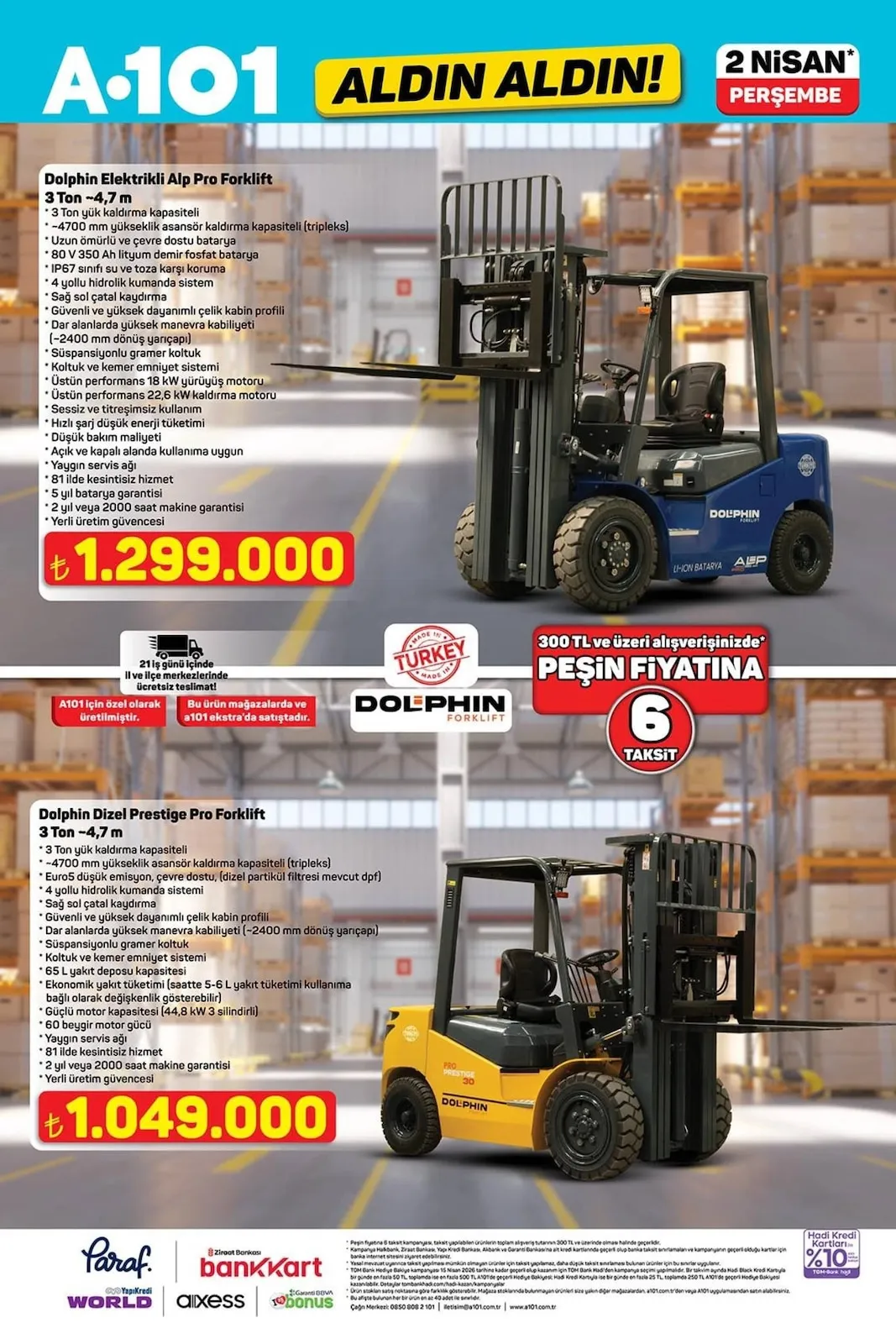 A101 A101 2 Nisan 2026 Aktüel Kataloğu sayfa 5: Dolphin Dizel Prestige Pro Forklift 3 Ton -4,7 M