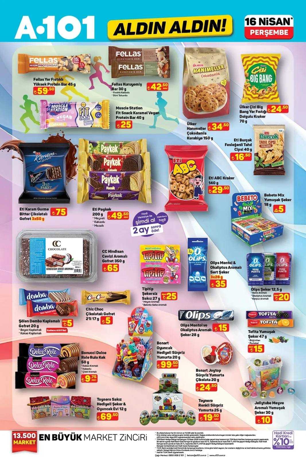 A101 A101 16 Nisan 2026 Aktüel Kataloğu sayfa 14: Ülker Hanımeller Çikodamla Kurabiye 150 G, Olips Şeker 12,5 G