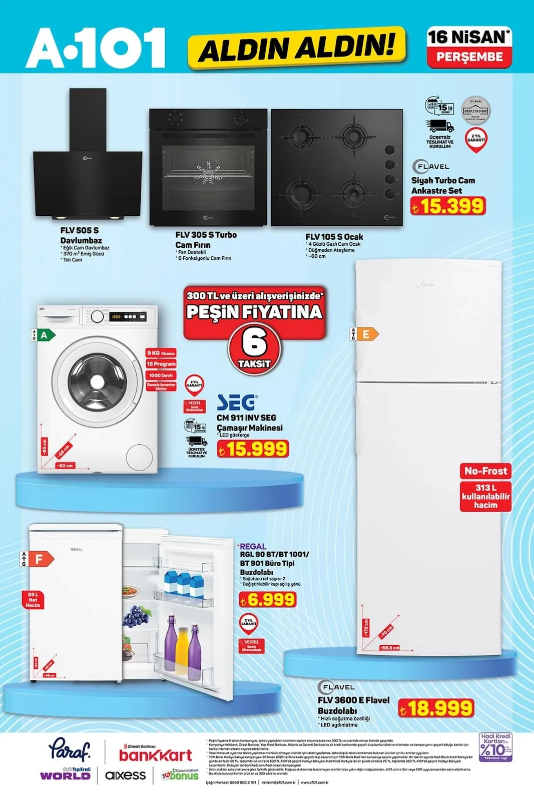 A101 A101 16 Nisan 2026 Aktüel Kataloğu sayfa 2: Flavel Siyah Turbo Cam Ankastre Set, Seg Cm 911 Inv Seg Çamaşır Makinesi
