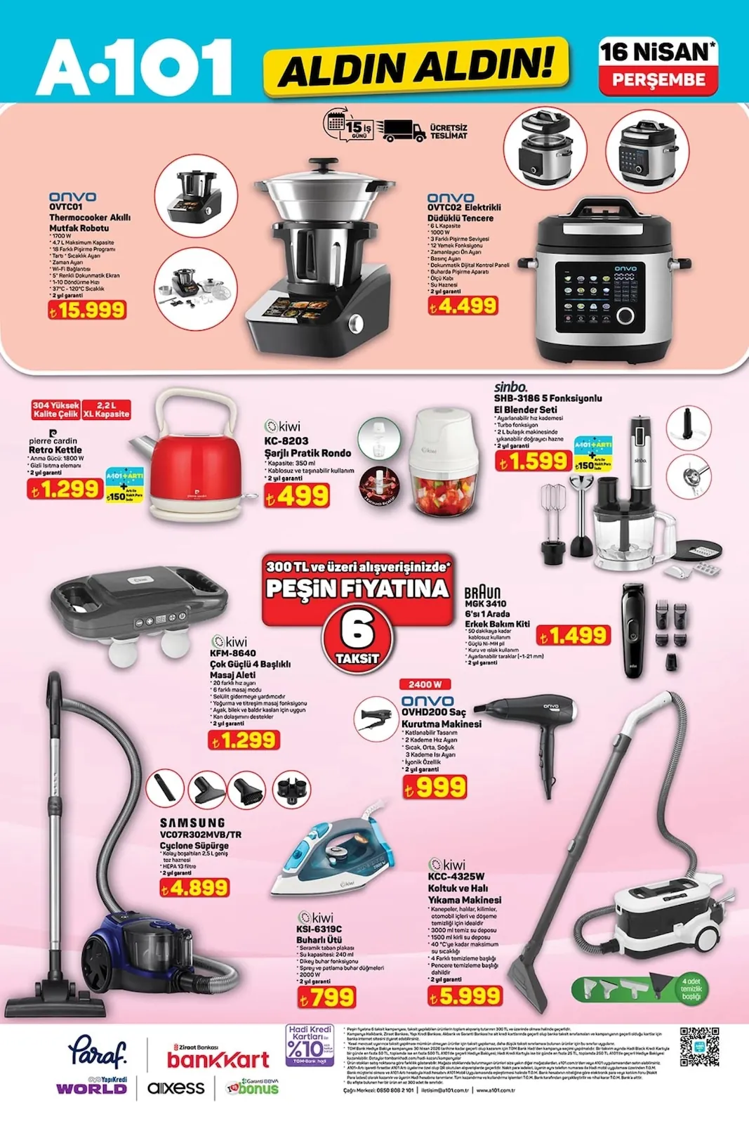 A101 A101 16 Nisan 2026 Aktüel Kataloğu sayfa 3: Onvo Ovtc02 Elektrikli Düdüklü Tencere, Kiwi Kfm-8640 Çok Güçlü 4 Başlıklı Masaj Aleti
