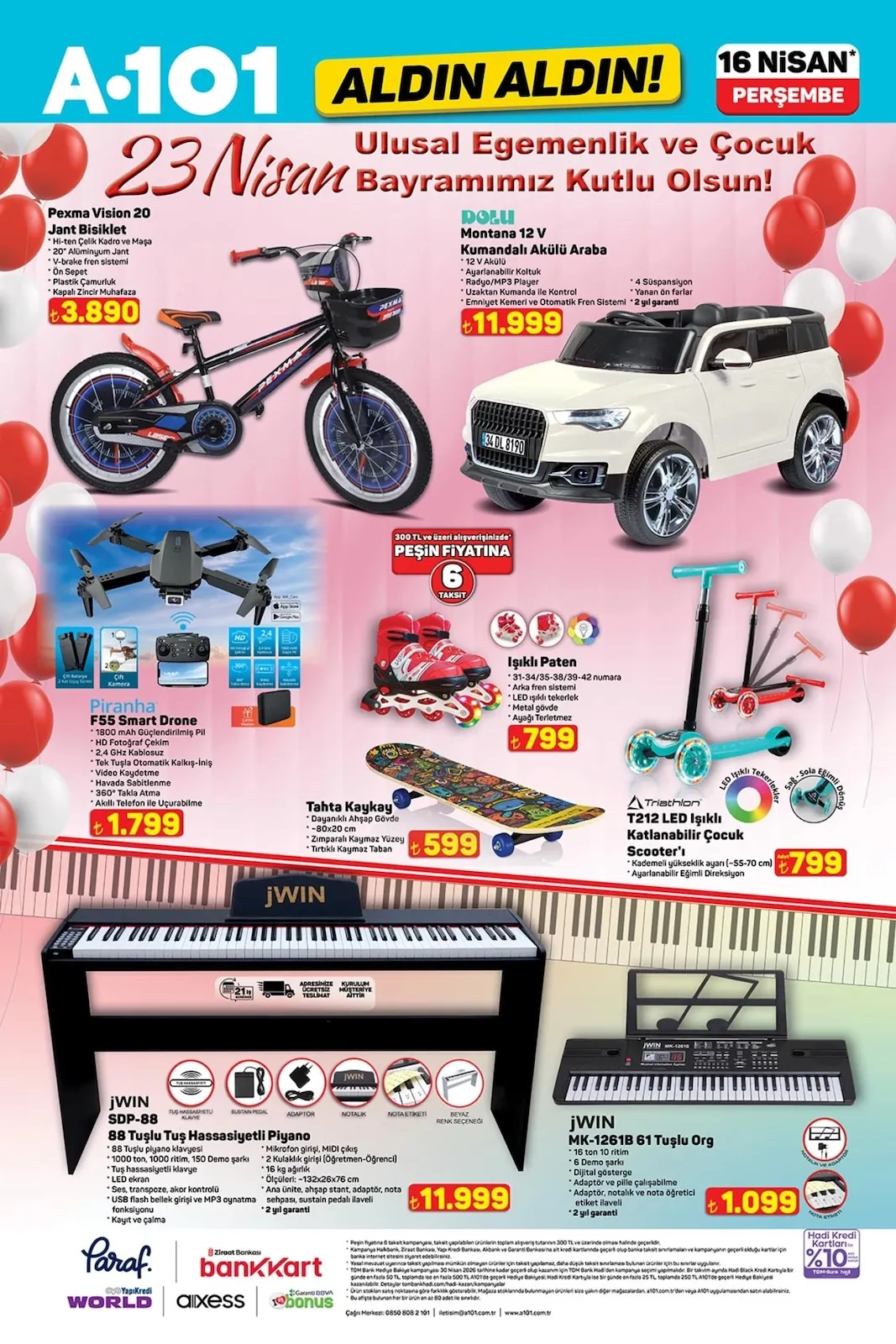 A101 A101 16 Nisan 2026 Aktüel Kataloğu sayfa 5: Triathlon T212 Led Işıklı Katlanabilir Çocuk Scooter'I, Jwin Mk-1261B 61 Tuşlu Org