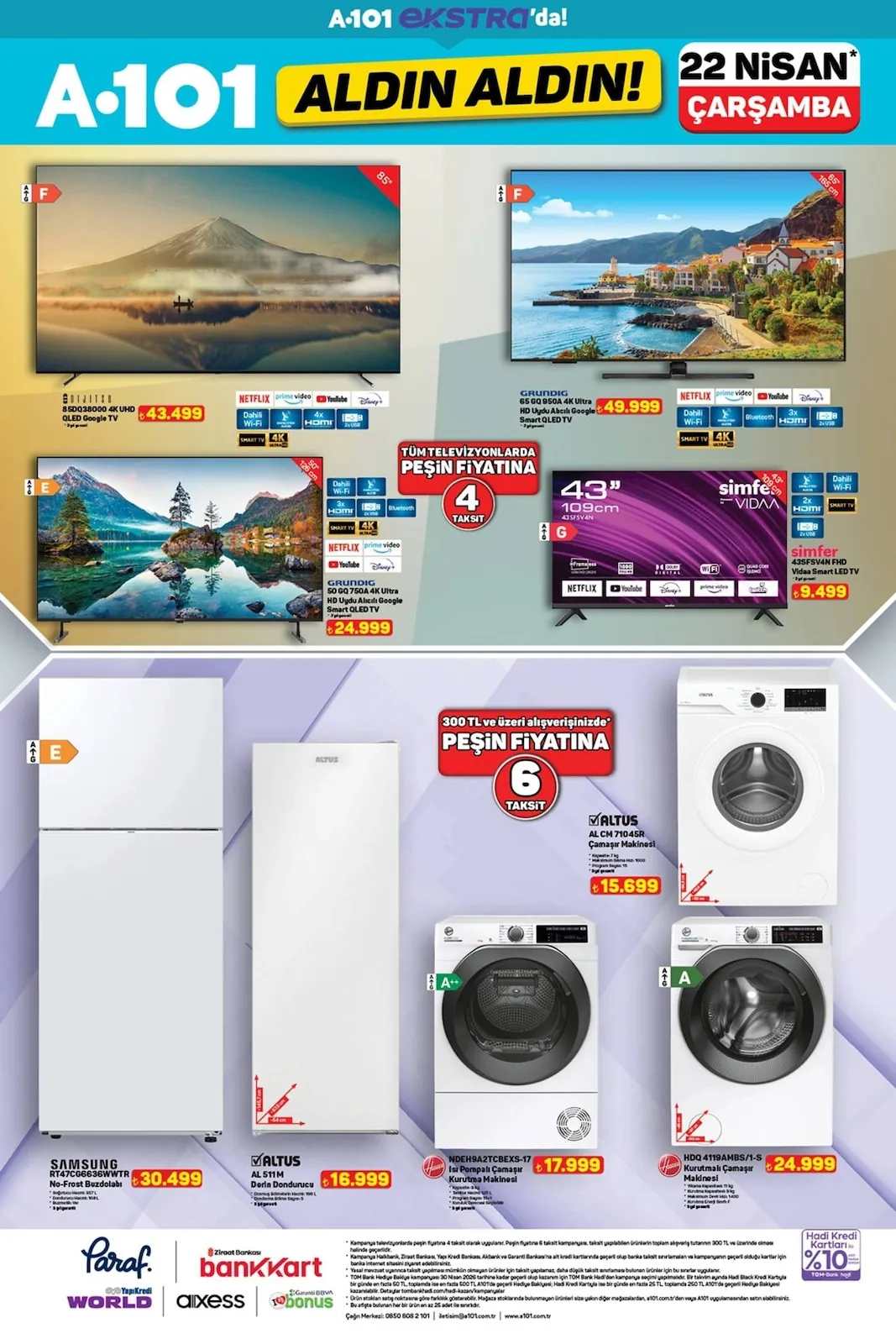 A101 A101 22 Nisan 2026 Aktüel Kataloğu sayfa 1: Hoover Ndeh9A2Tcbehs-17 Isı Pompalı Çamaşır Kurutma Makinesi, Djiitsu 85D038000 4K Uhd Qled Google Tv