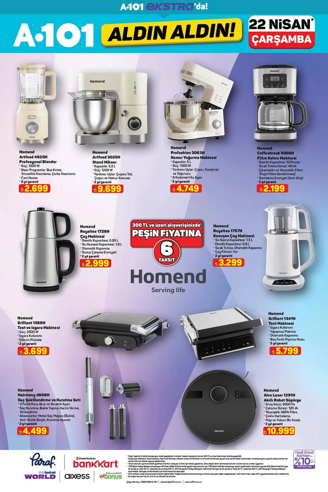 A101 A101 22 Nisan 2026 Aktüel Kataloğu sayfa 3: Homend Royaltea 1728H Çay Makinesi, Homend Royaltea 1757H Konuşan Çay Makinesi