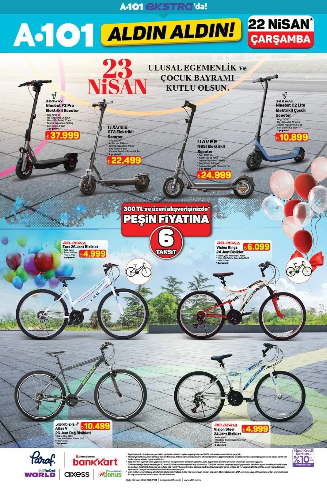 A101 A101 22 Nisan 2026 Aktüel Kataloğu sayfa 5: Segway Ninebot F3 Pro Elektrikli Scooter, Bisan Atlas V 26 Jant Dağ Bisikleti