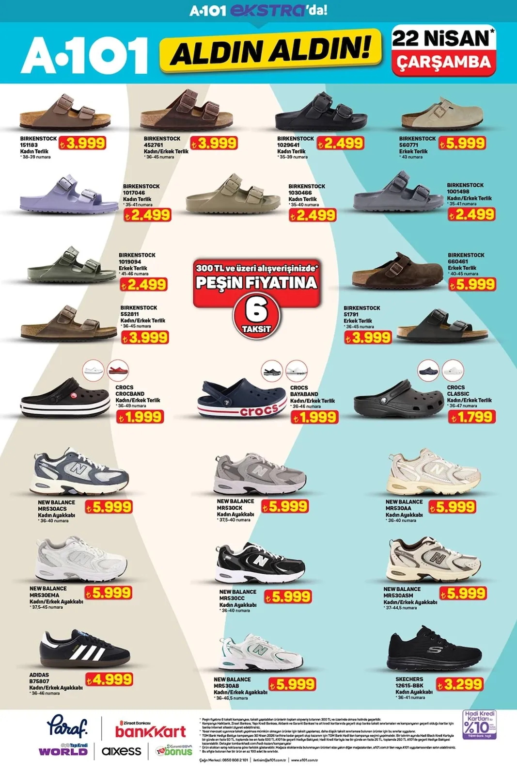 A101 A101 22 Nisan 2026 Aktüel Kataloğu sayfa 7: Birkenstock 151183 Kadın Terlik 38-39 Numara, Birkenstock 1029641 Kadın Terlik 35-39 Numara