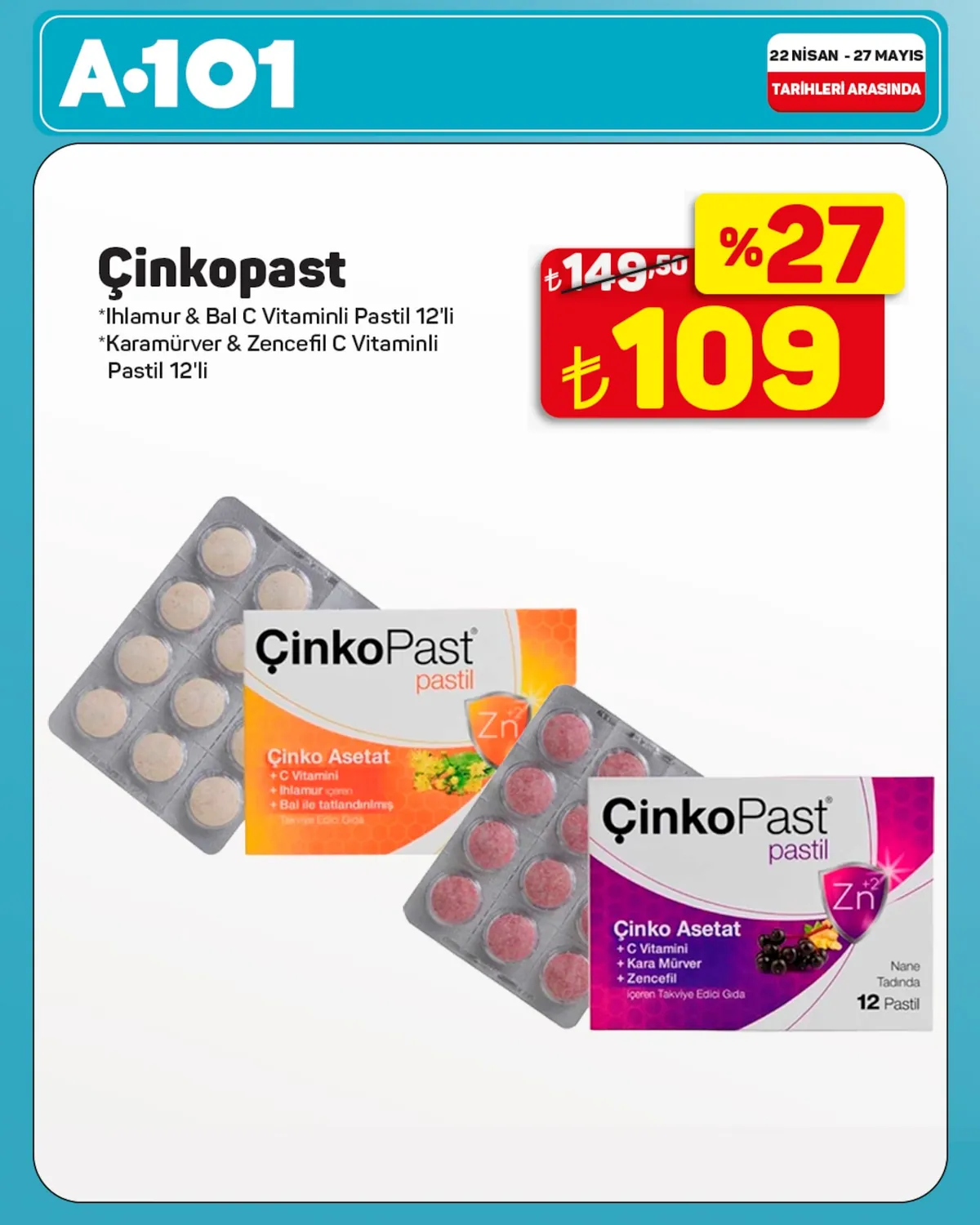 A101 A101 22 Nisan 2026 Aktüel Kataloğu sayfa 1: Çinkopast Ihlamur & Bal C Vitaminli Pastil 12'Li