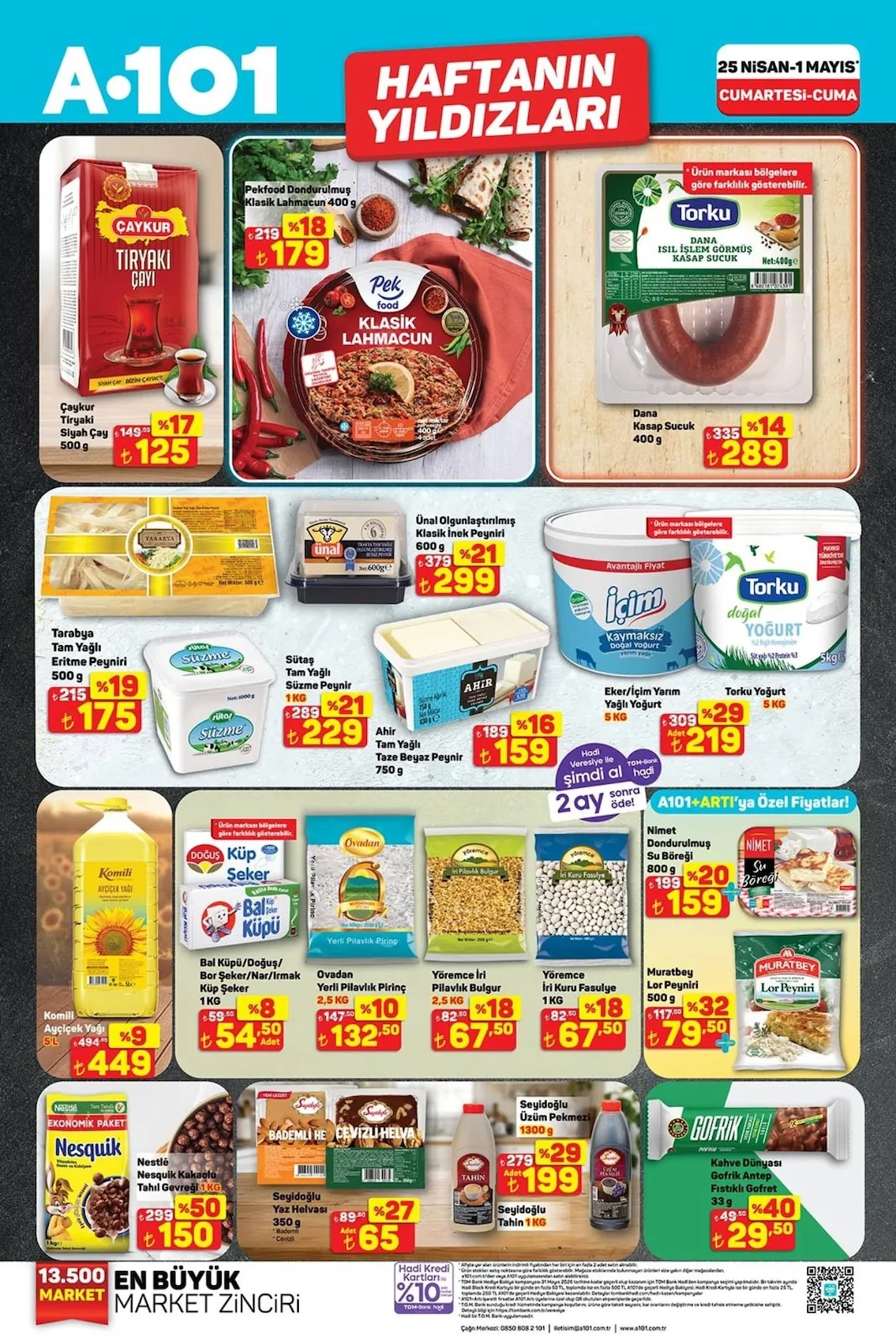 A101 A101 25 Nisan 2026 Aktüel Kataloğu sayfa 1: Yöremce İri Kuru Fasulye 1 Kg, Torku Dana Kasap Sucuk 400 G
