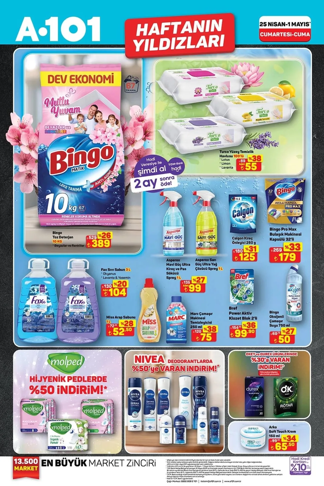 A101 A101 25 Nisan 2026 Aktüel Kataloğu sayfa 2: Miss Arap Sabunu Lavanta & Yasemin 1L, Bingo Oksijenli Çamaşır Suyu 750 Ml