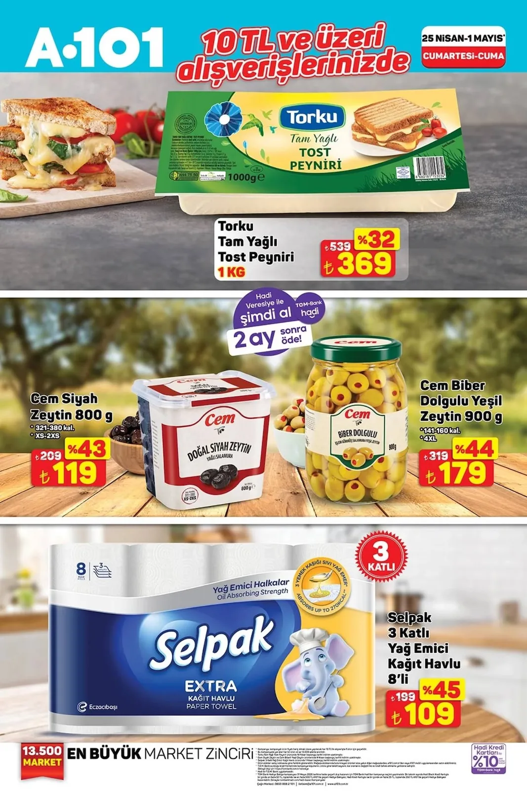 A101 A101 25 Nisan 2026 Aktüel Kataloğu sayfa 4: Torku Tam Yagli Toast Peyniri 1 Kg, Cem Biber Dolgulu Yesil Zeytin 900 G