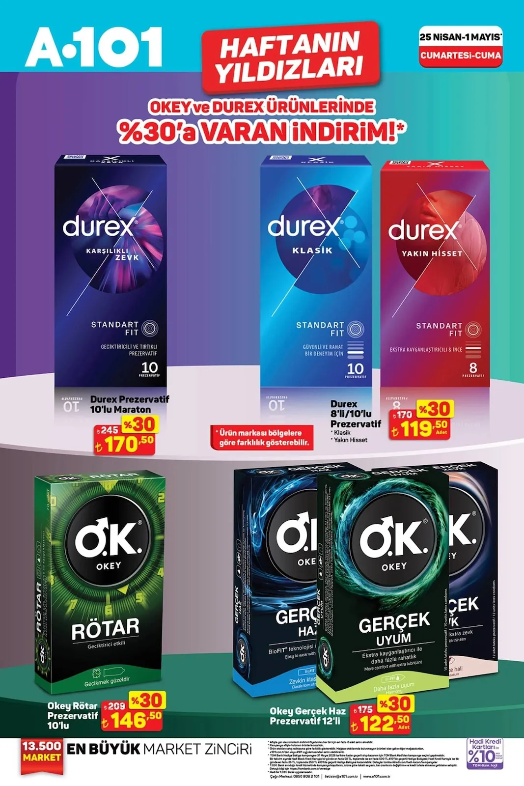 A101 A101 25 Nisan 2026 Aktüel Kataloğu sayfa 7: Durex Klasik Standard Fit 10'Lu Prezervatif, Okey Gerçek Uyum Prezervatif 12'Li