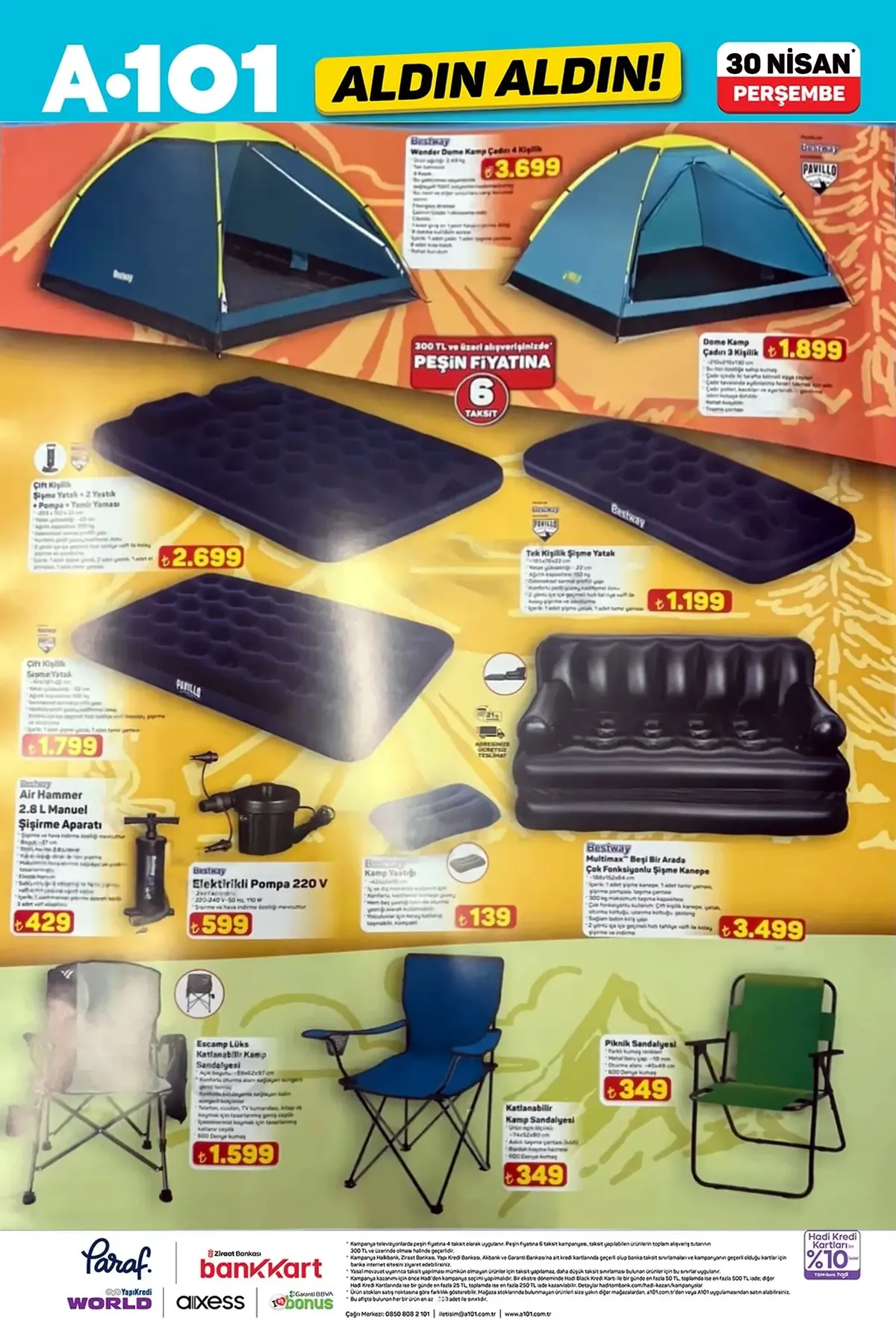 A101 A101 30 Nisan 2026 Aktüel Ürünler Kataloğu sayfa 4: Piknik Sandalyesi, Bestway Air Hammer 2.8 L Manuel Şişirme Aparatı