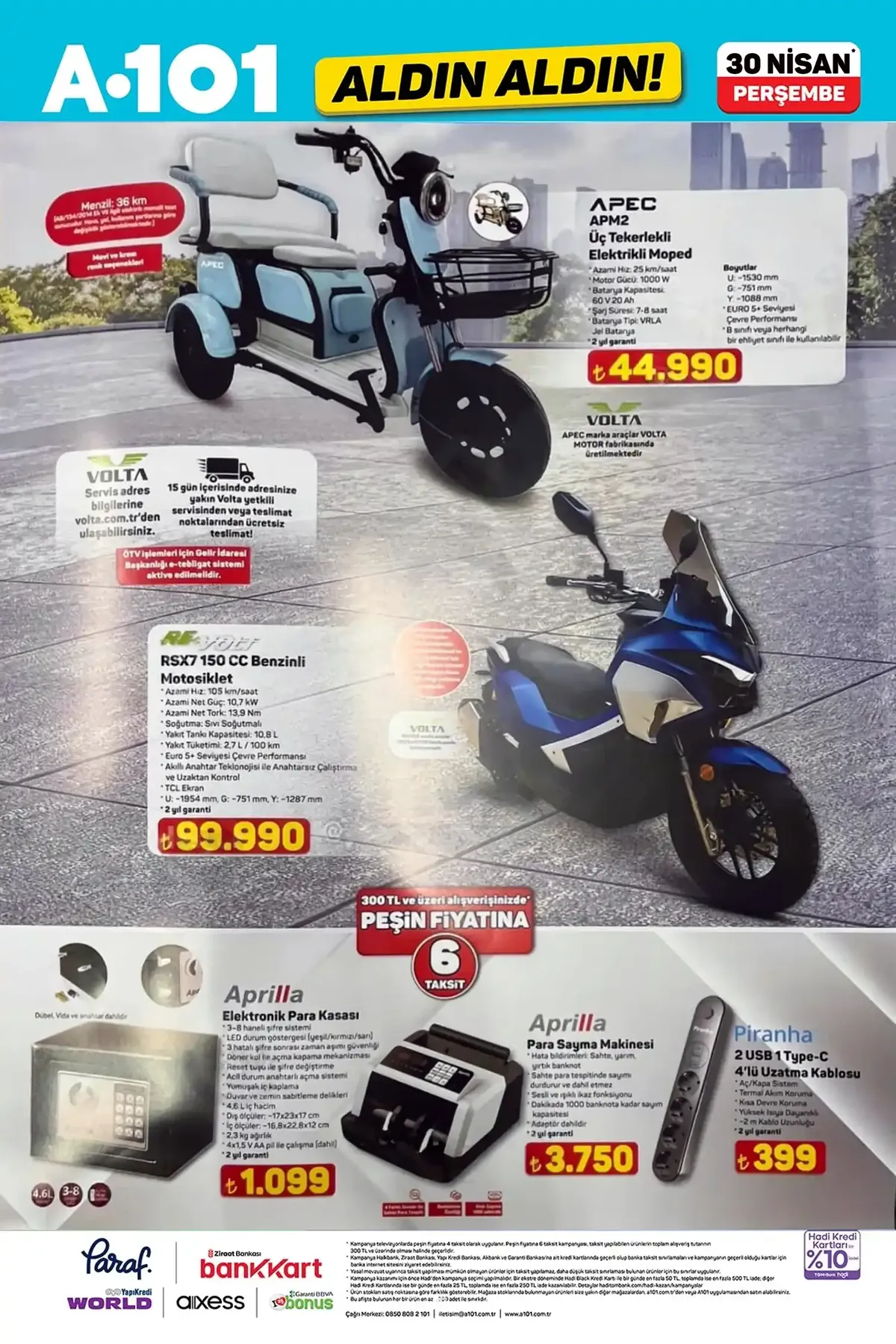 A101 A101 30 Nisan 2026 Aktüel Ürünler Kataloğu sayfa 6: Piranha 2 Usb 1 Type-C 4'Lü Uzatma Kablosu, Apec Ap M2 Üç Tekerlekli Elektrikli Moped
