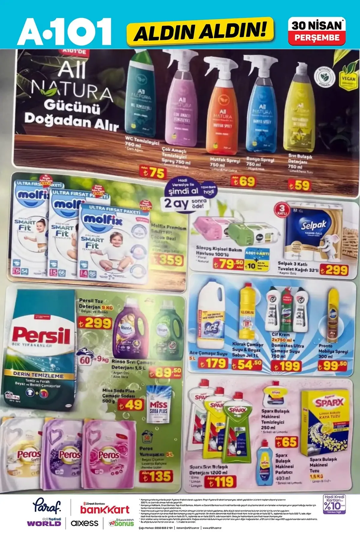 A101 A101 30 Nisan 2026 Aktüel Ürünler Kataloğu sayfa 9: Selpak 3 Katlı Tuvalet Kağıdı 32'Li, Sparx Sıvı Bulaşık Deterjanı 1200 Ml
