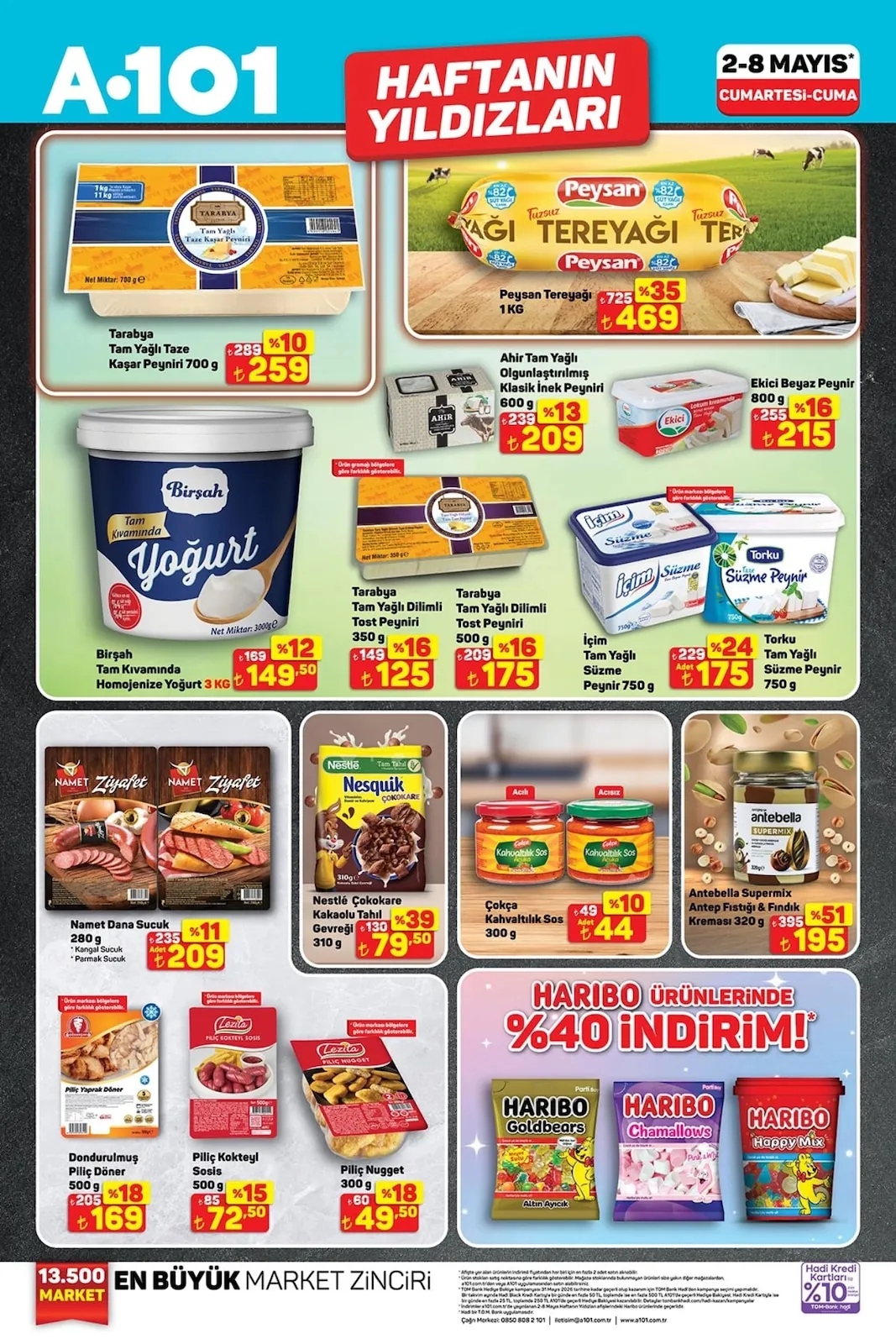 A101 A101 2 Mayıs 2026 Aktüel Kataloğu sayfa 2: Namet Dana Sucuk 280G, Târâbya Tam Yağlı Dilimli Tost Peyniri 350G