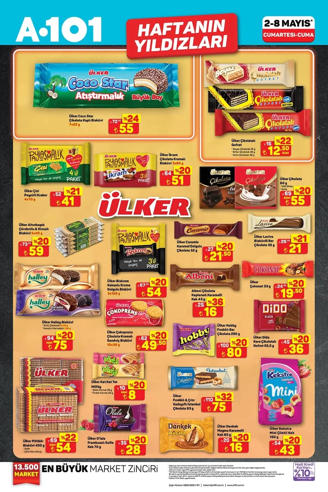 A101 A101 2 Mayıs 2026 Aktüel Kataloğu sayfa 3: Ülker Paylaşmalık Çiz Peğnirli Kraker 4X70G, Ülker Kat Kat Tat Milföy Çilek Kremalı 28G, Fındık Kremalı 25G