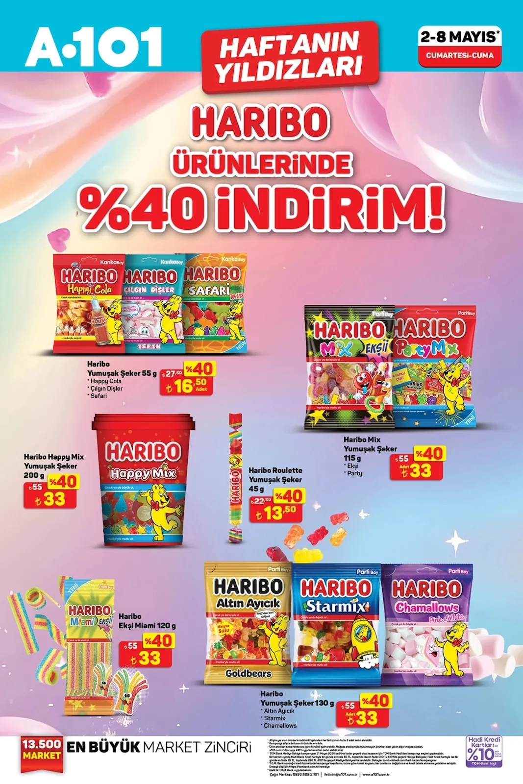 A101 A101 2 Mayıs 2026 Aktüel Kataloğu sayfa 4: Haribo Happy Mix Yumuşak Şeker 200G, Haribo Ekşi Miami 120G