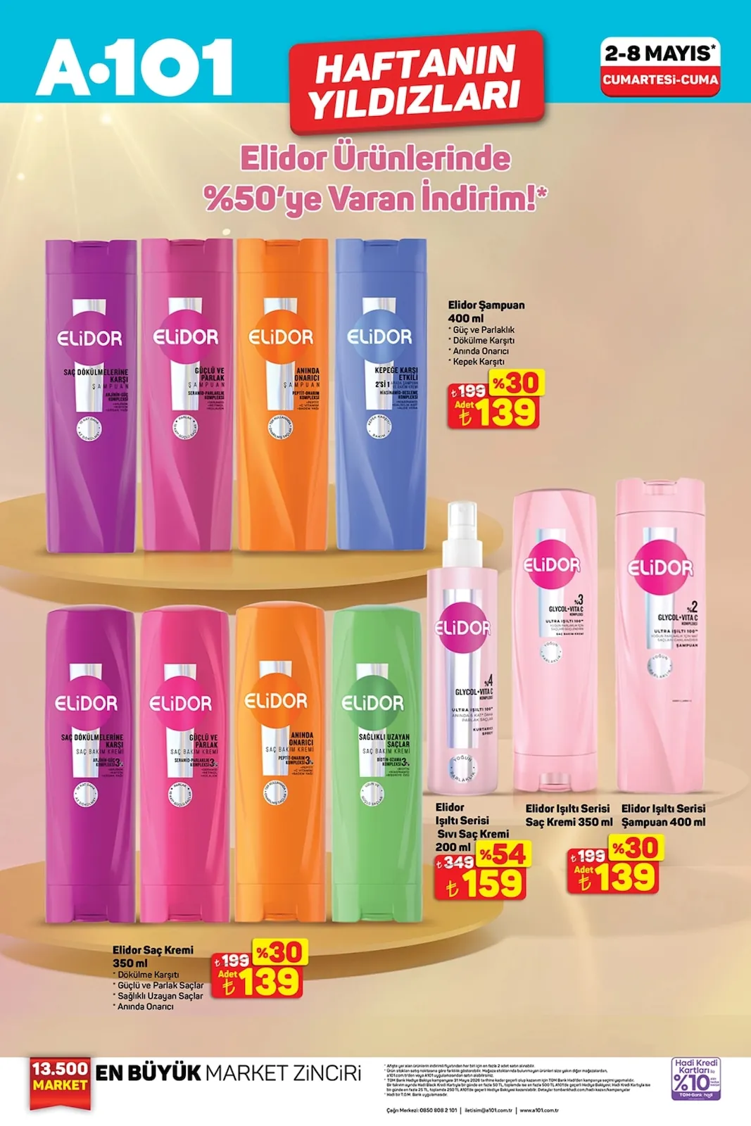 A101 A101 2 Mayıs 2026 Aktüel Kataloğu sayfa 5: Elidor Işıltı Serisi Sıvı Saç Kremi 200 Ml, Elidor Işıltı Serisi Saç Kremi 350 Ml