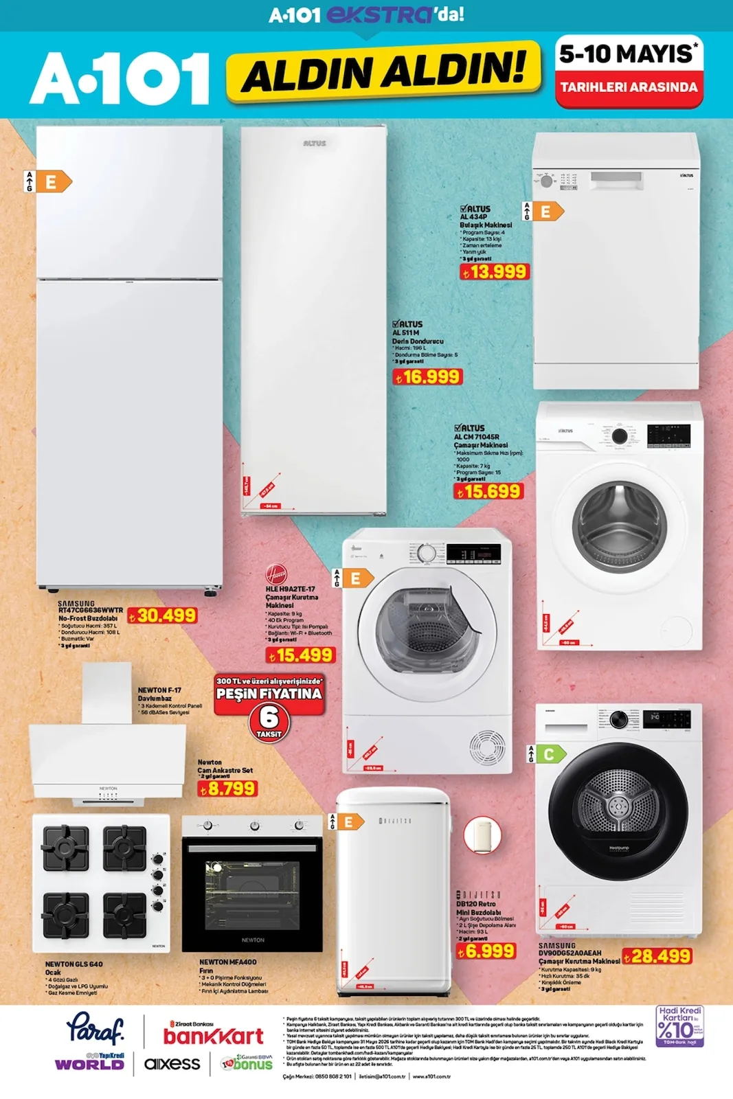 A101 A101 5 Mayıs 2026 Aktüel Kataloğu sayfa 2: Samsung Dv90Dg52A0Aeah Camaşır Kurutma Makinesi 9Kg, Altus Al434P Bulaşık Makinesi