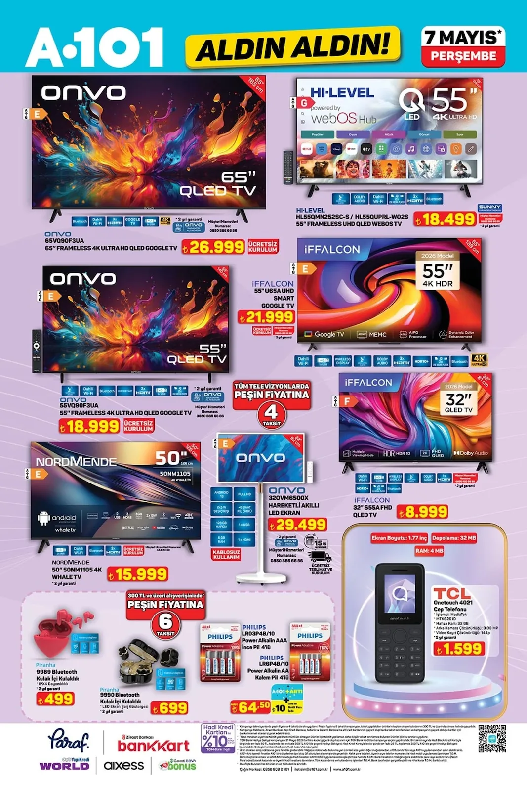 A101 A101 7 Mayıs 2026 Aktüel Kataloğu sayfa 1: Hi-Level Q 55 Led 4K Ultra Hd Webos Hub Televizyon, Piranha 9989 Bluetooth Kulak İçi Kulaklık