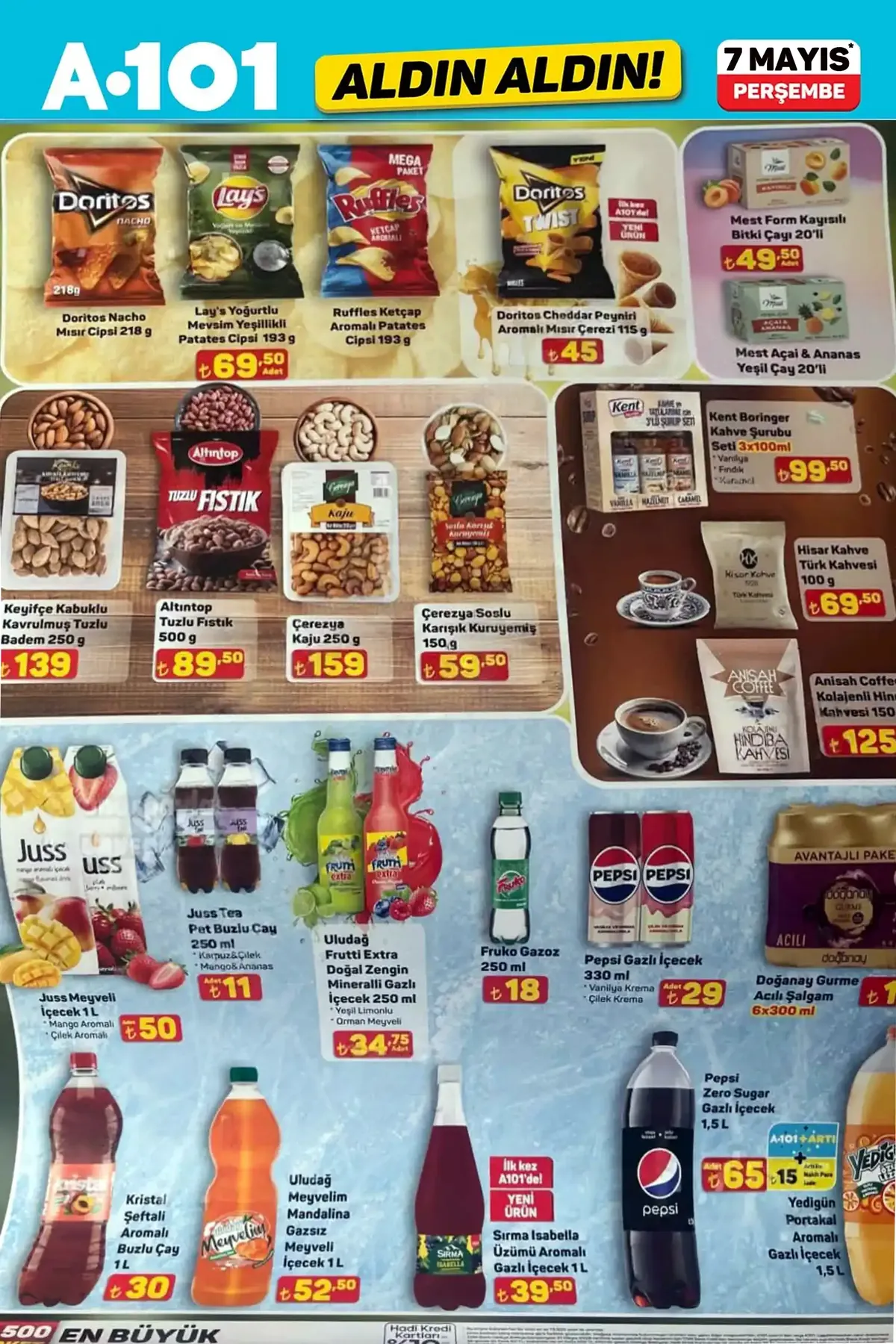 A101 A101 7 Mayıs 2026 Aktüel Ürünler Kataloğu sayfa 11: Lay'S Yoğurtlu Mevsim Yeşillikli Patates Cipsi 193G, Pepsi Gazlı İçecek 330Ml Varilya Krema Çilek Krema