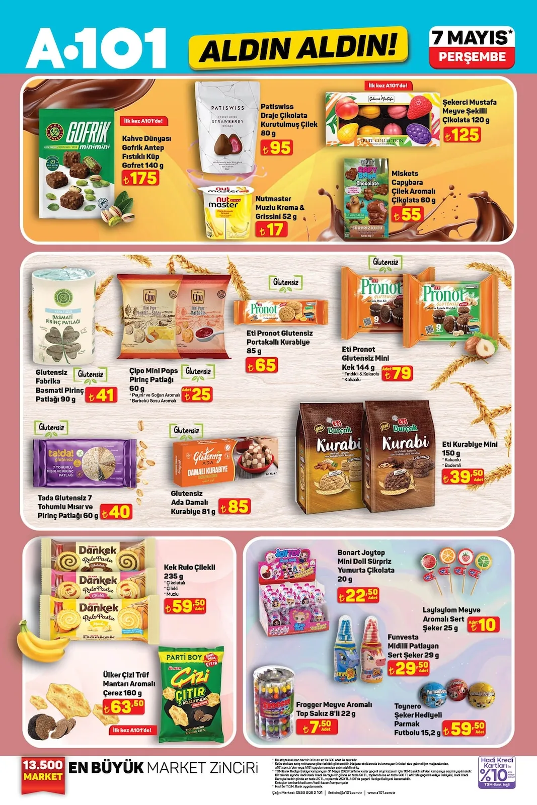 A101 A101 7 Mayıs 2026 Aktüel Kataloğu sayfa 13: Ülker Dankek Rulo Pasta Çilekli 235G, Laylaylom Meyve Aromalı Sert Şeker 25G