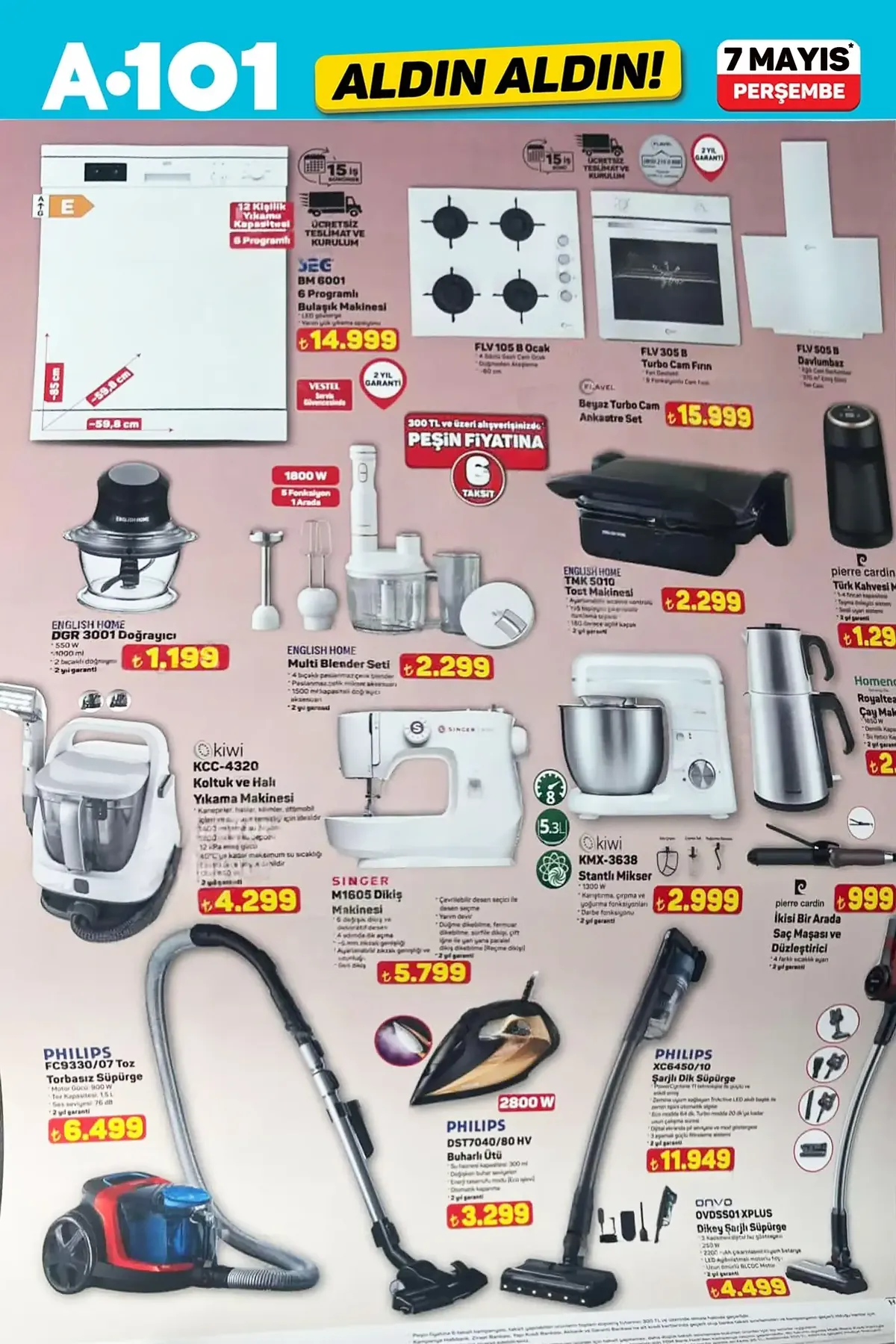 A101 A101 7 Mayıs 2026 Aktüel Ürünler Kataloğu sayfa 2: Seg Bm 6001 6 Programlı Bulaşık Makinesi, Flavel Flv 305 B Turbo Cam Fırın Beyaz Turbo Cam Ankastre Set