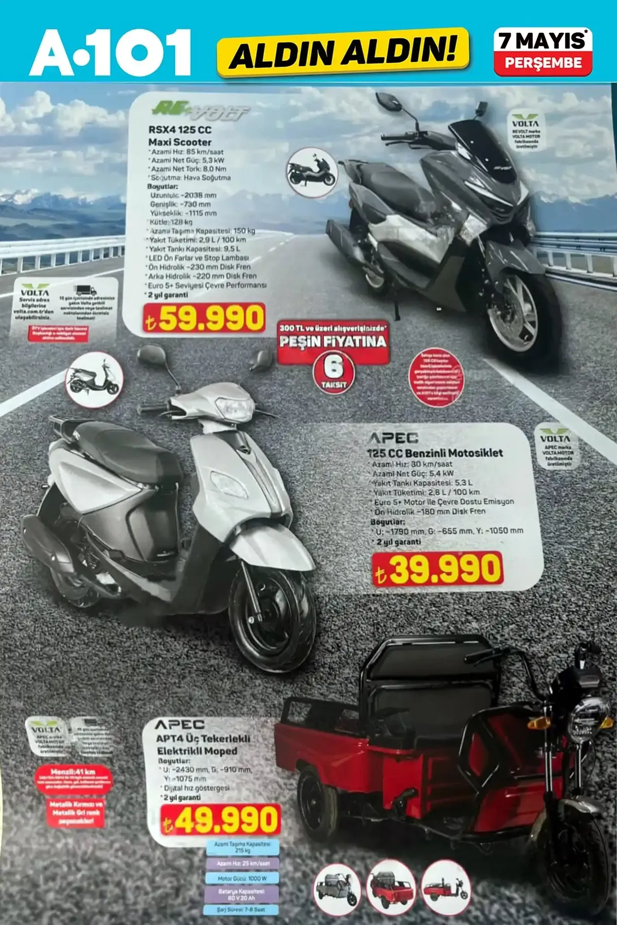 A101 A101 7 Mayıs 2026 Aktüel Ürünler Kataloğu sayfa 3: Volta Rsvolt Rsx4 125 Cc Maxi Scooter, Volta Apec 125 Cc Benzinli Motosiklet