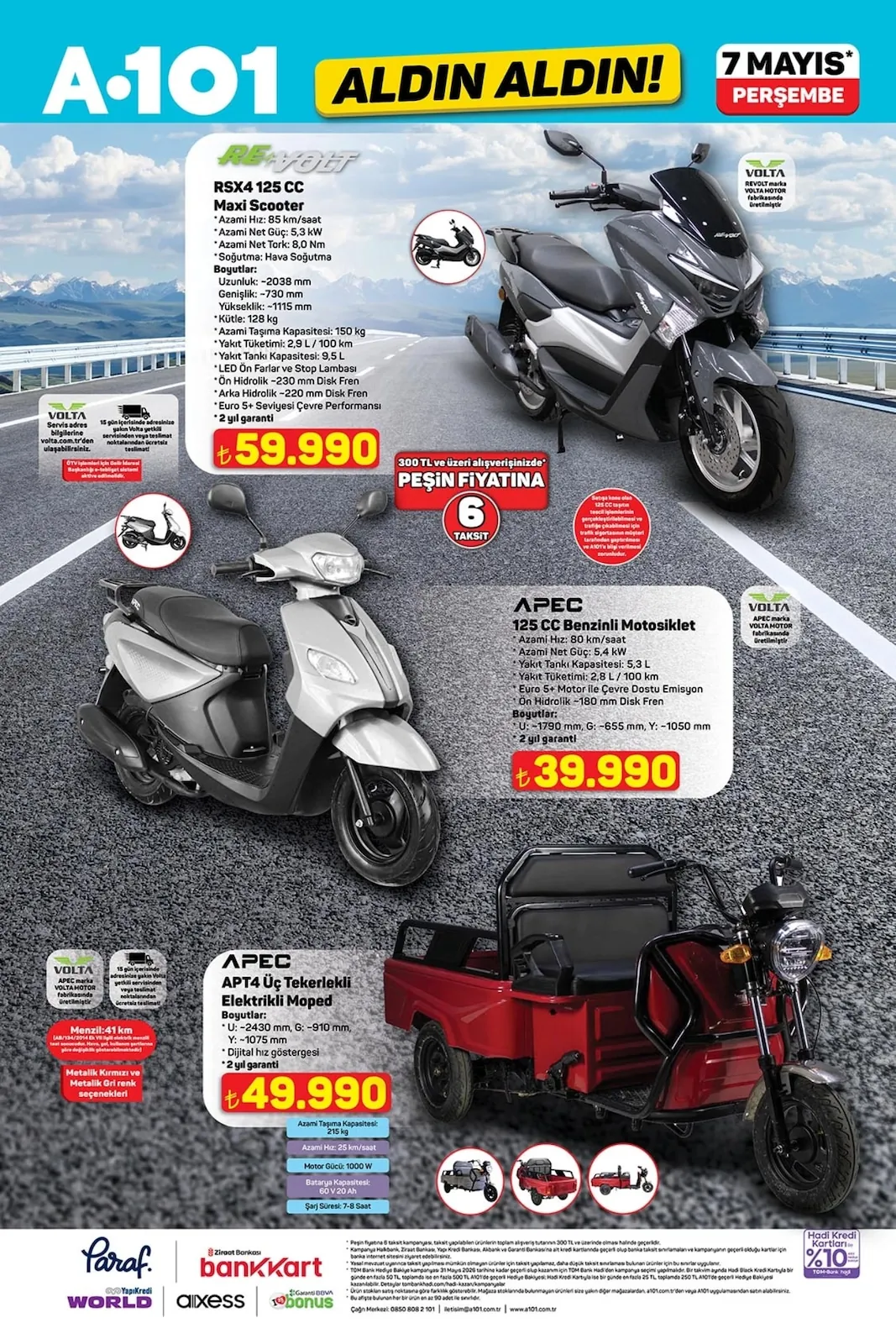 A101 A101 7 Mayıs 2026 Aktüel Kataloğu sayfa 3: Volta Rsx4 125 Cc Maxi Scooter, Apec Apt4 Üç Tekerlekli Elektrikli Moped