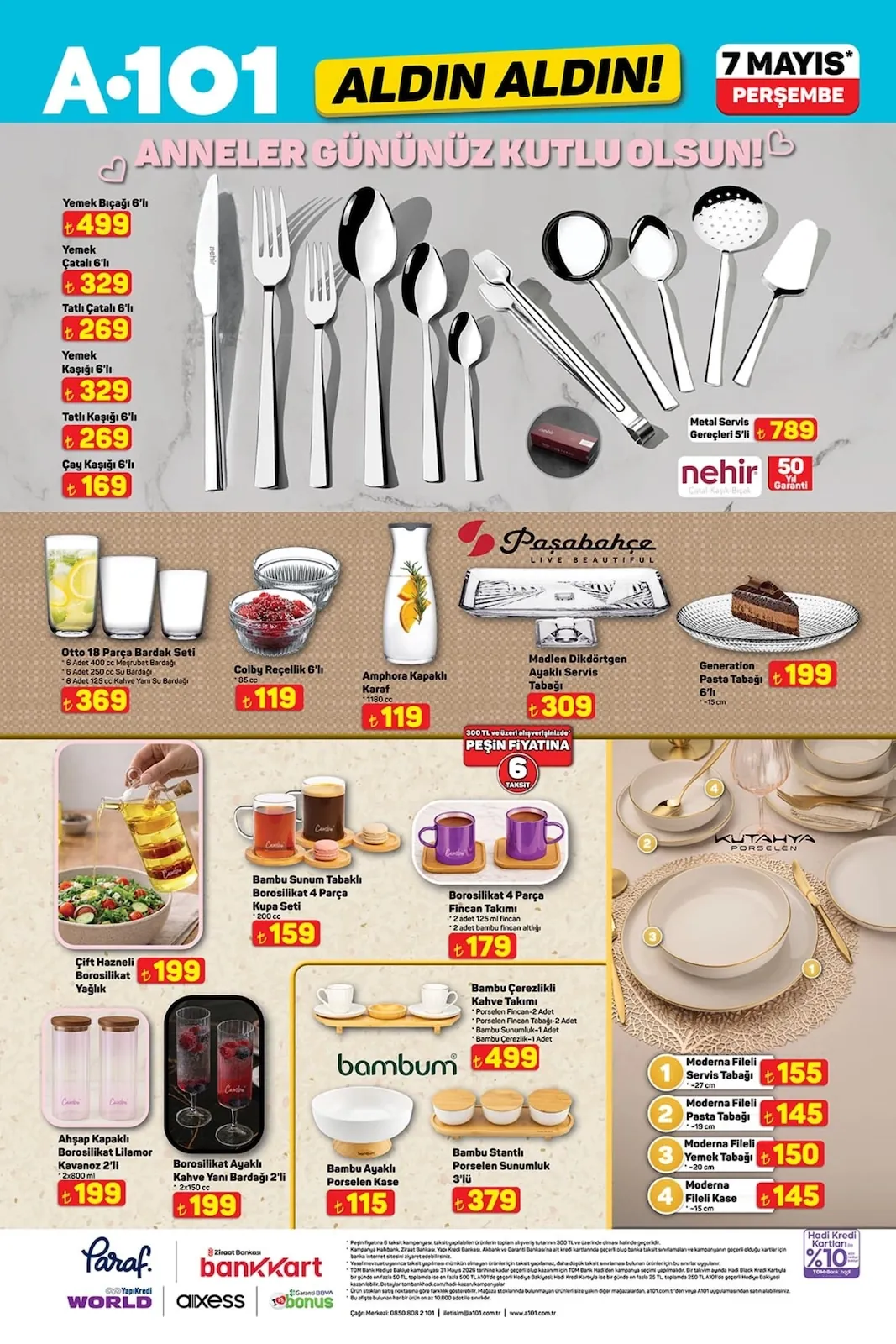 A101 A101 7 Mayıs 2026 Aktüel Kataloğu sayfa 6: Borosilikat Ayaklı Kahve Yanı Bardağı 2'Li 2X150 Cc, Borosilikat 4 Parça Fincan Takımı 2X125 Ml Fincan
