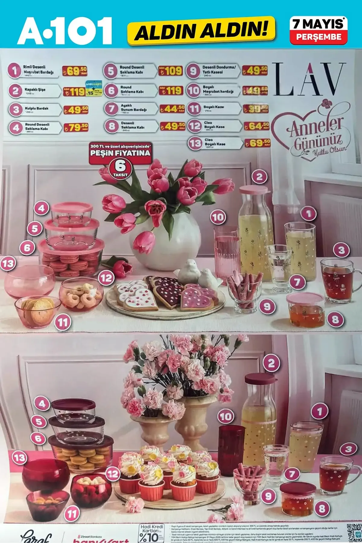 A101 A101 7 Mayıs 2026 Aktüel Ürünler Kataloğu sayfa 7: Rimïlï Desenli Meşrubat Bardağı 250 Cc, Kapaklï Şişe 1200 Cc