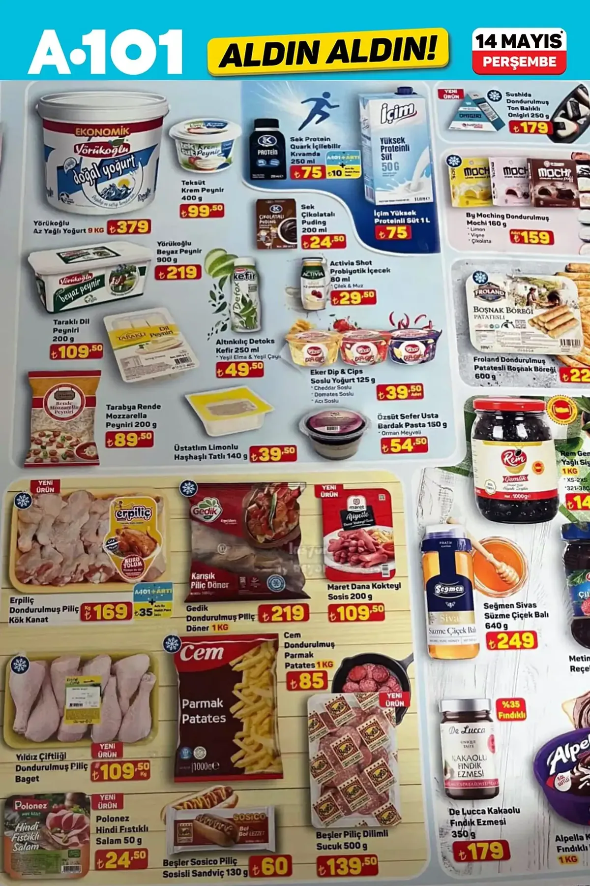 A101 A101 14 Mayıs 2026 Aktüel Ürünler Kataloğu sayfa 10: Erpiliç Dondurulmuş Piliç Kök Kanat 1Kg, Rem Gemlik Yağlı Siyah Zeytin 1Kg