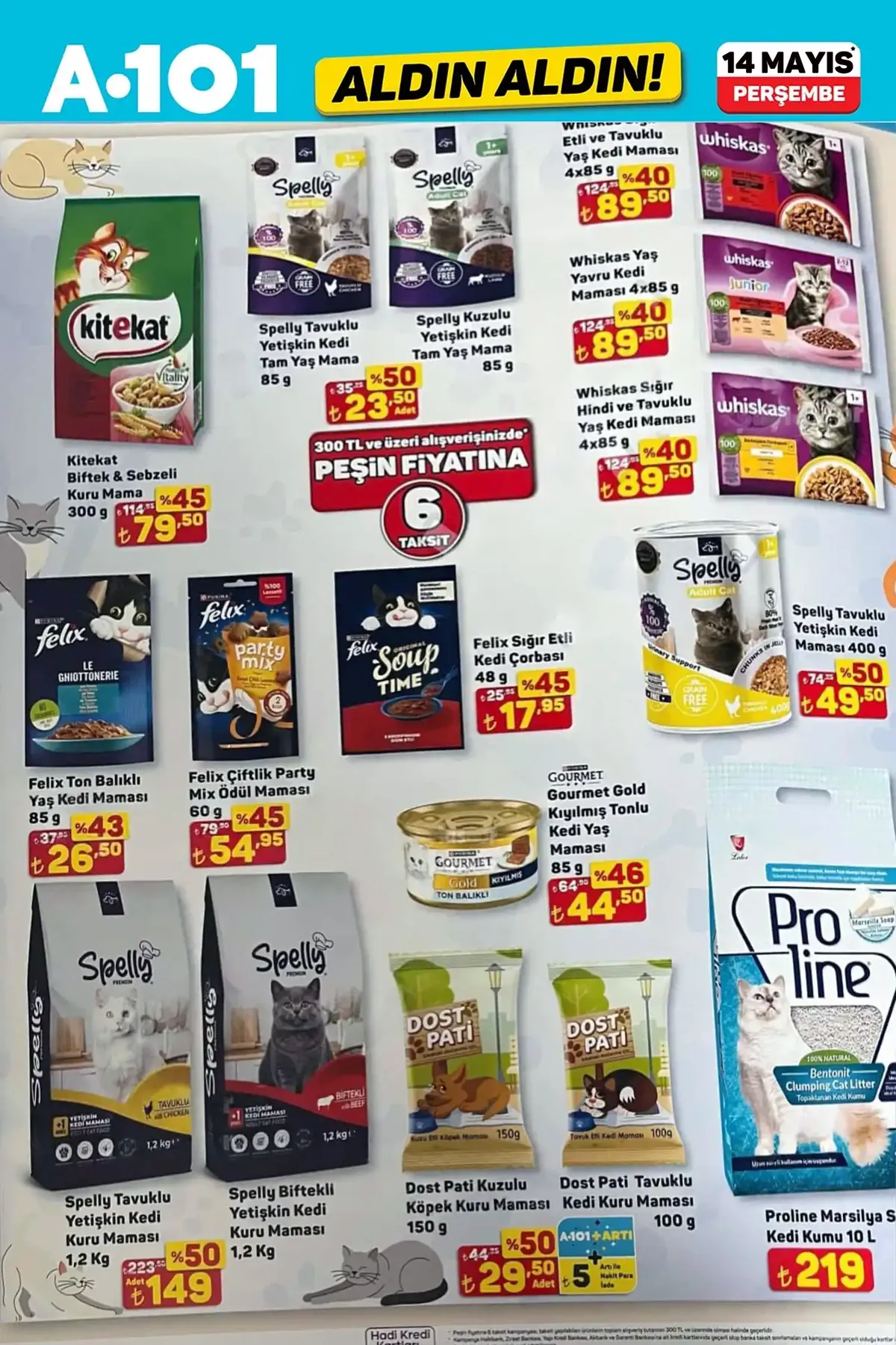 A101 A101 14 Mayıs 2026 Aktüel Ürünler Kataloğu sayfa 11: Felix Sığır Etli Kedi Çorbası 48G, Felix Çiftlik Party Mix Ödül Maması 60G