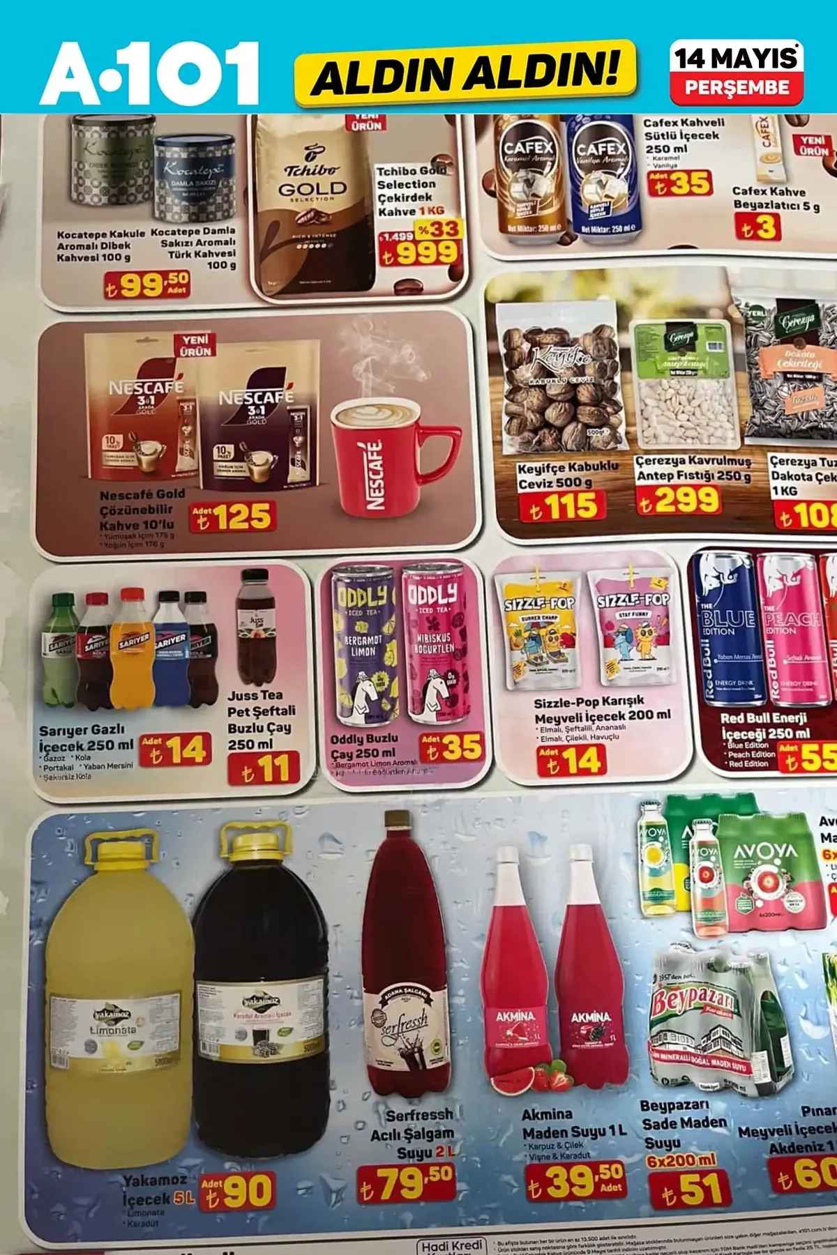 A101 A101 14 Mayıs 2026 Aktüel Ürünler Kataloğu sayfa 12: Sariyer Gazli İçecek 250 Ml, Red Bull Enerji İçeceği 250 Ml
