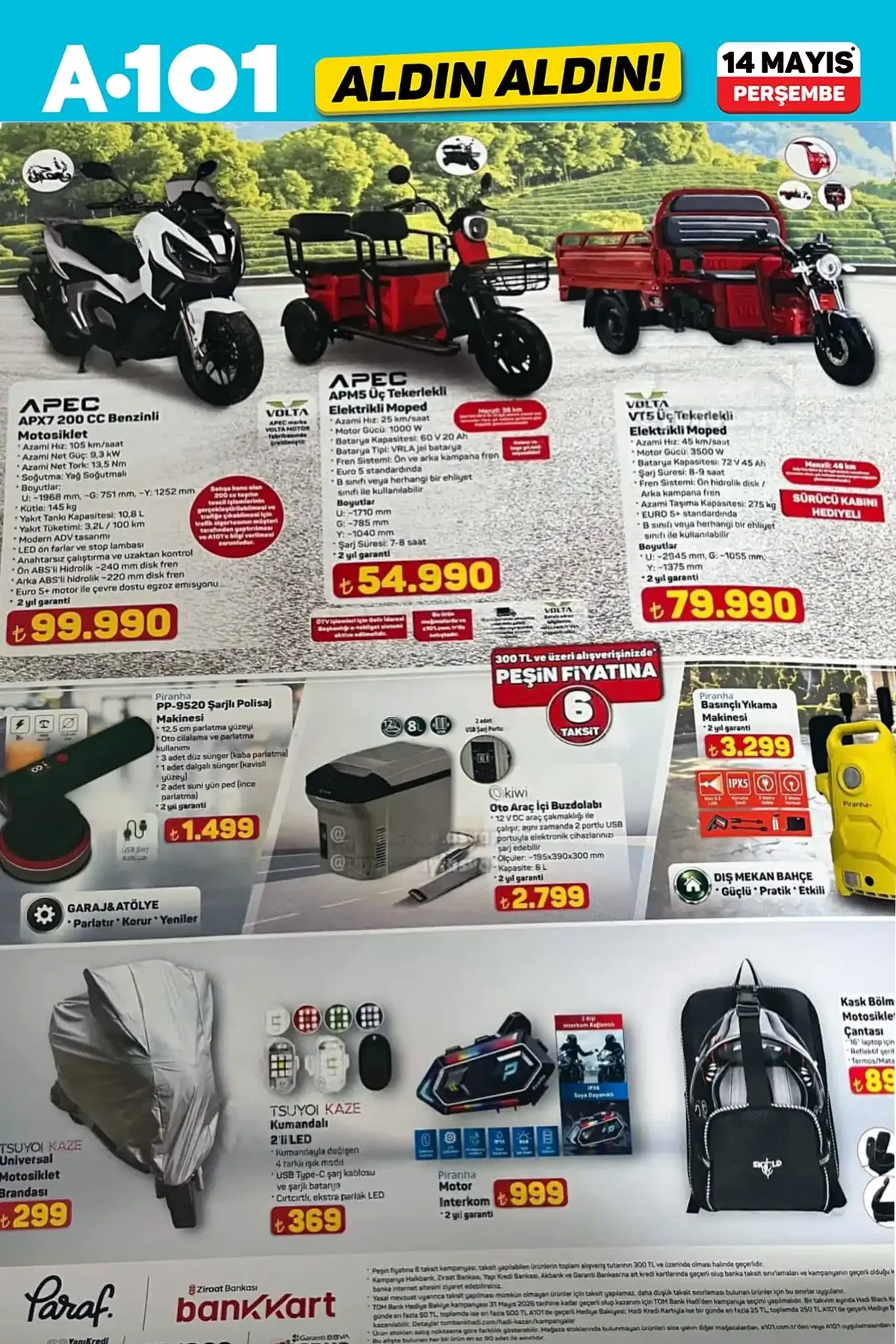 A101 A101 14 Mayıs 2026 Aktüel Ürünler Kataloğu sayfa 7: Tsuyoi Kaze Universal Motosiklet Brandası, Piranha Motor Intercom