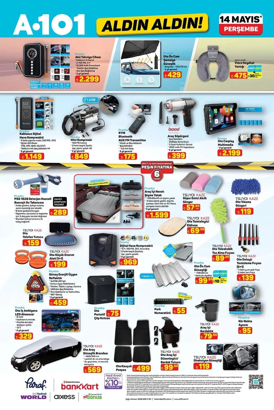 A101 A101 14 Mayıs 2026 Aktüel Kataloğu sayfa 7: Piranha Oto Ön Cam Şemsiye Güneşlik, Piranha Mini Kompresör