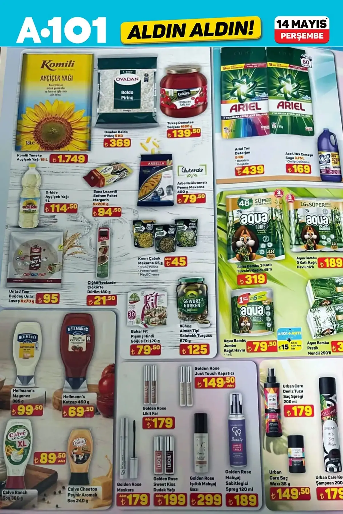 A101 A101 14 Mayıs 2026 Aktüel Ürünler Kataloğu sayfa 9: Komili Ayçiçek Yağı 18L, Aqua Bambu Jumbo Kağıt Havlu