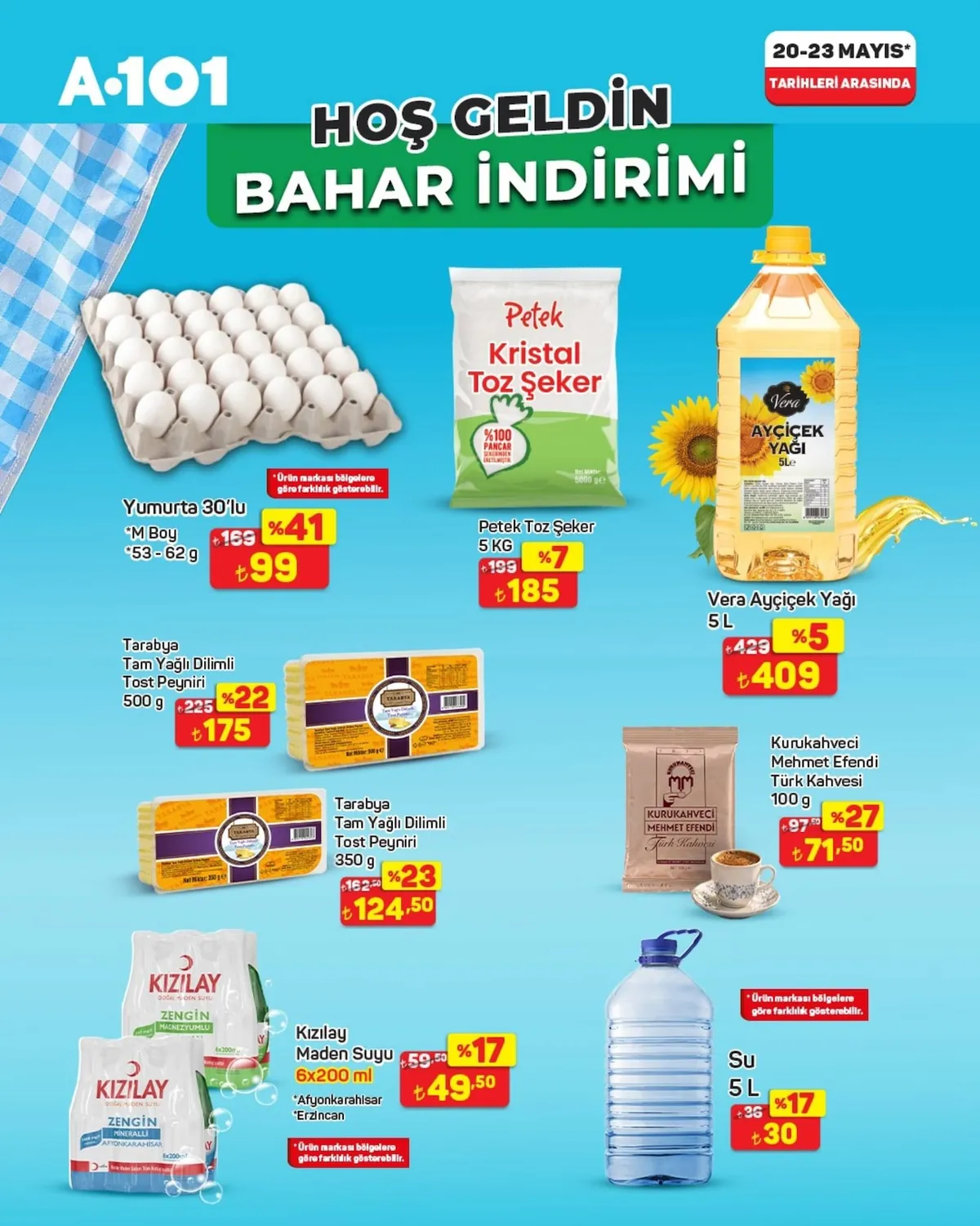 A101 A101 20 Mayıs 2026 Aktüel Kataloğu sayfa 1: Petek Kristal Toz Şeker 5 Kg, Yumurta 30'Lu M Boy