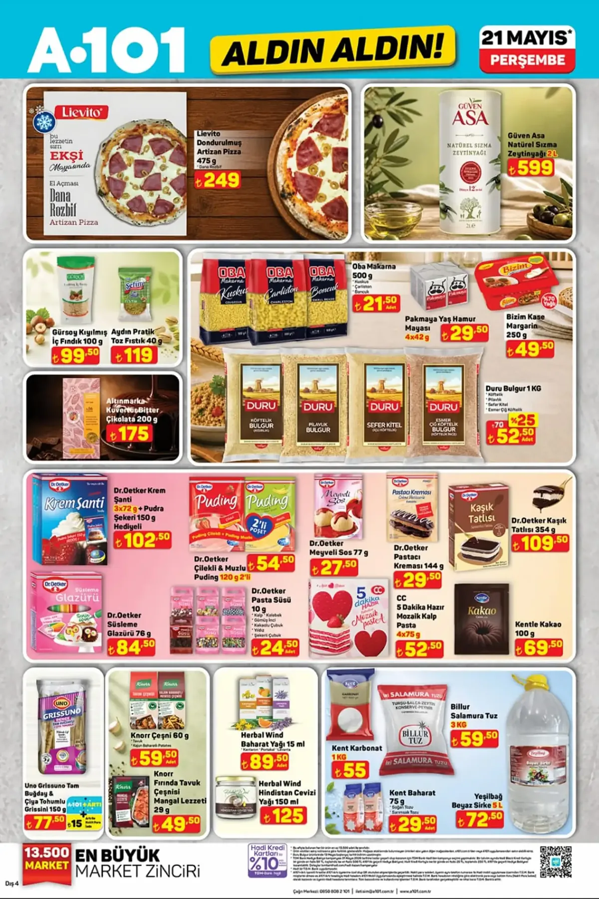 A101 A101 21 Mayıs 2026 Aktüel Ürünler Kataloğu sayfa 11: Oba Makarna Kuskus Charleston Boncuk 500G, Uno Grissuno Tam Buğday & Çiya Tohumlu Grissini 150G