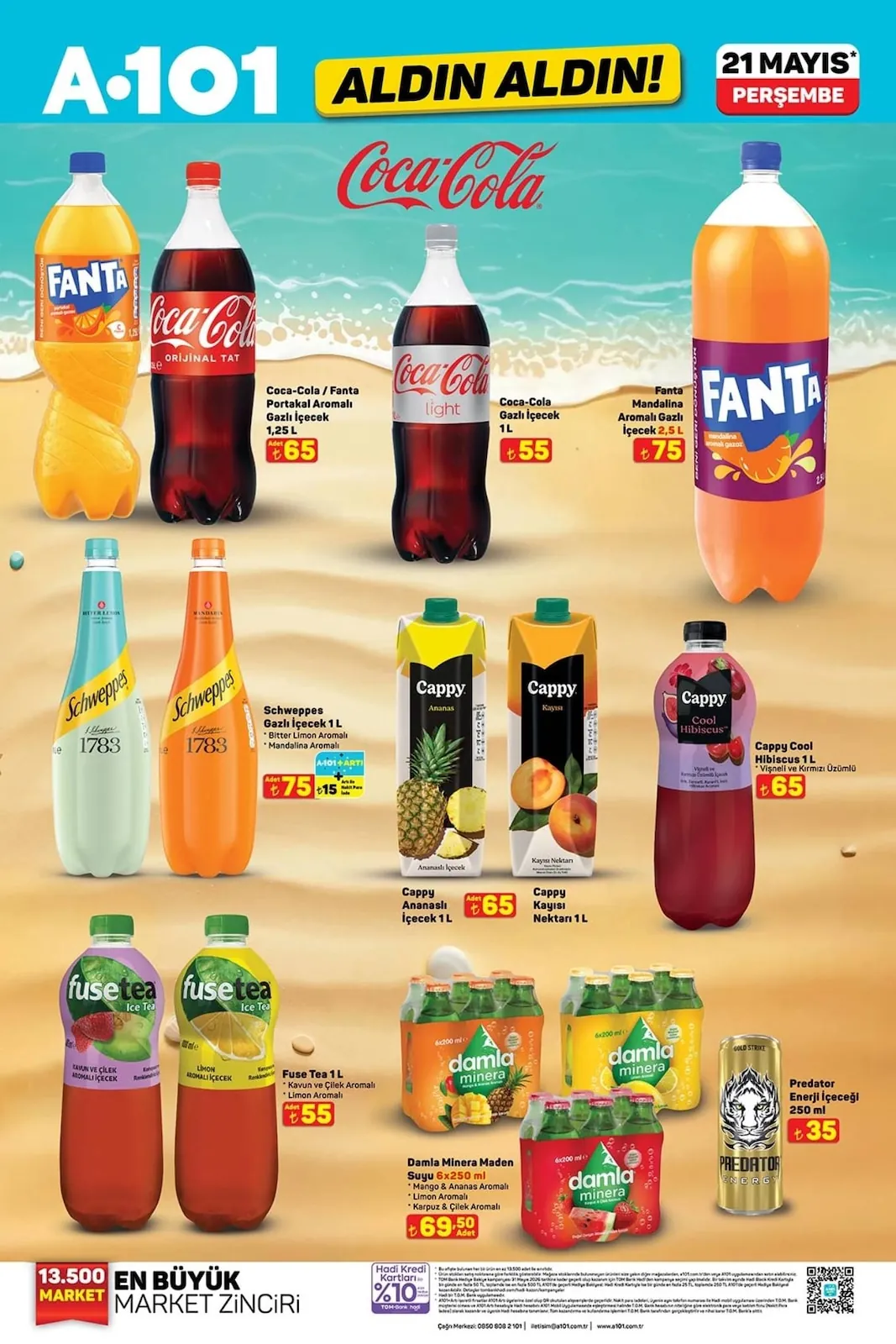 A101 A101 21 Mayıs 2026 Aktüel Kataloğu sayfa 11: Cappy Ananas İçecek 1L, Fuse Tea 1L
