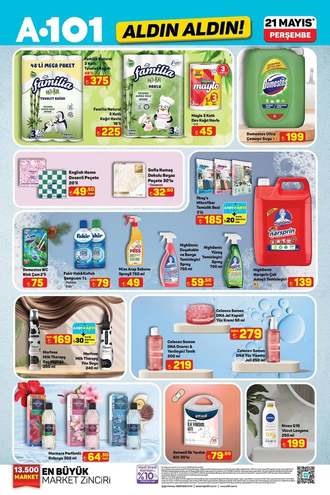 A101 A101 21 Mayıs 2026 Aktüel Kataloğu sayfa 12: Domestos Ultra Çamaşır Suyu 5L, Getwell İlk Yardım Kiti 30'Lu