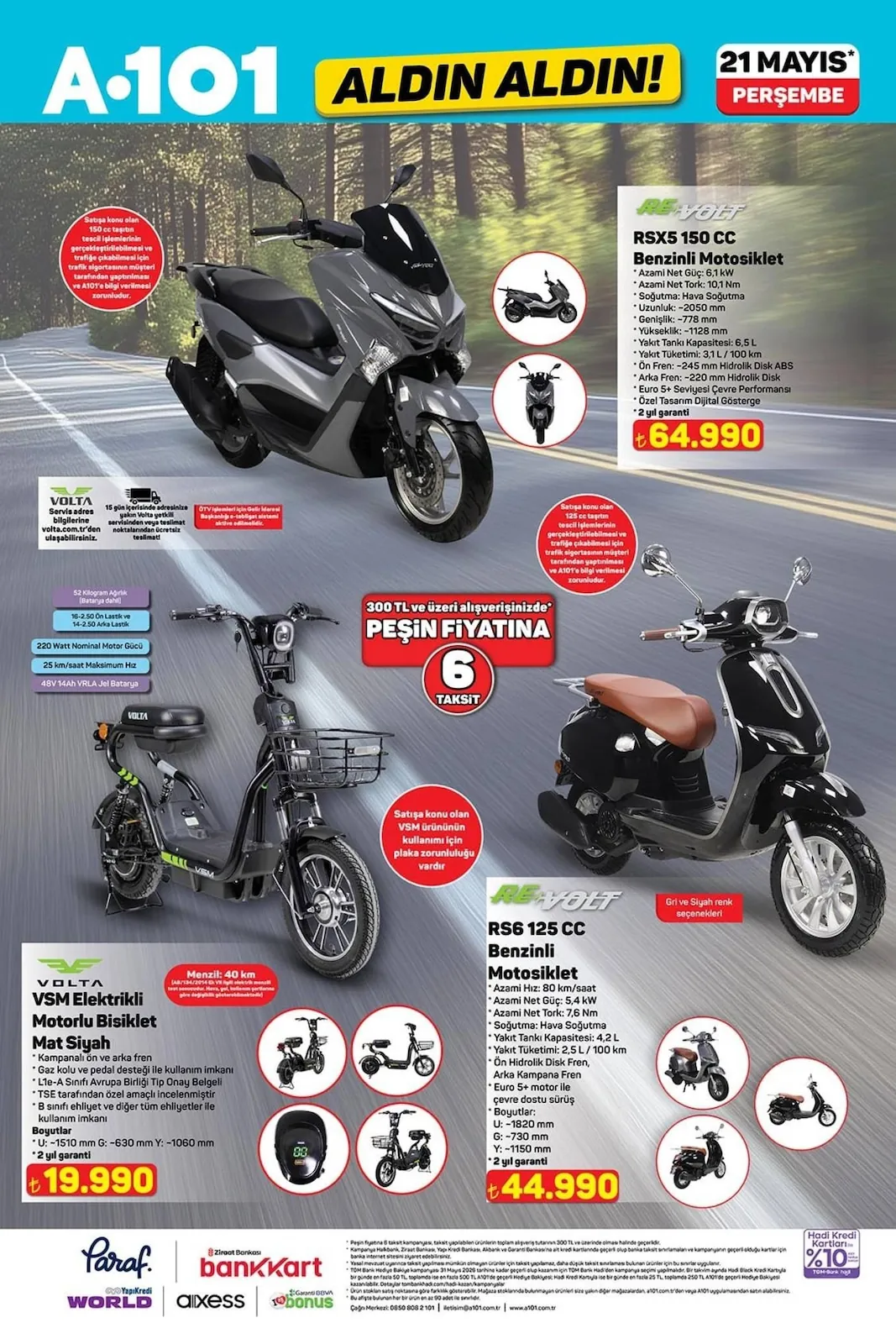 A101 A101 21 Mayıs 2026 Aktüel Kataloğu sayfa 13: Volta Rsx5 150 Cc Benzınlı Motosıklet, Volta Vsm Elektriklı Motorlu Bisiklet Mat Siyah