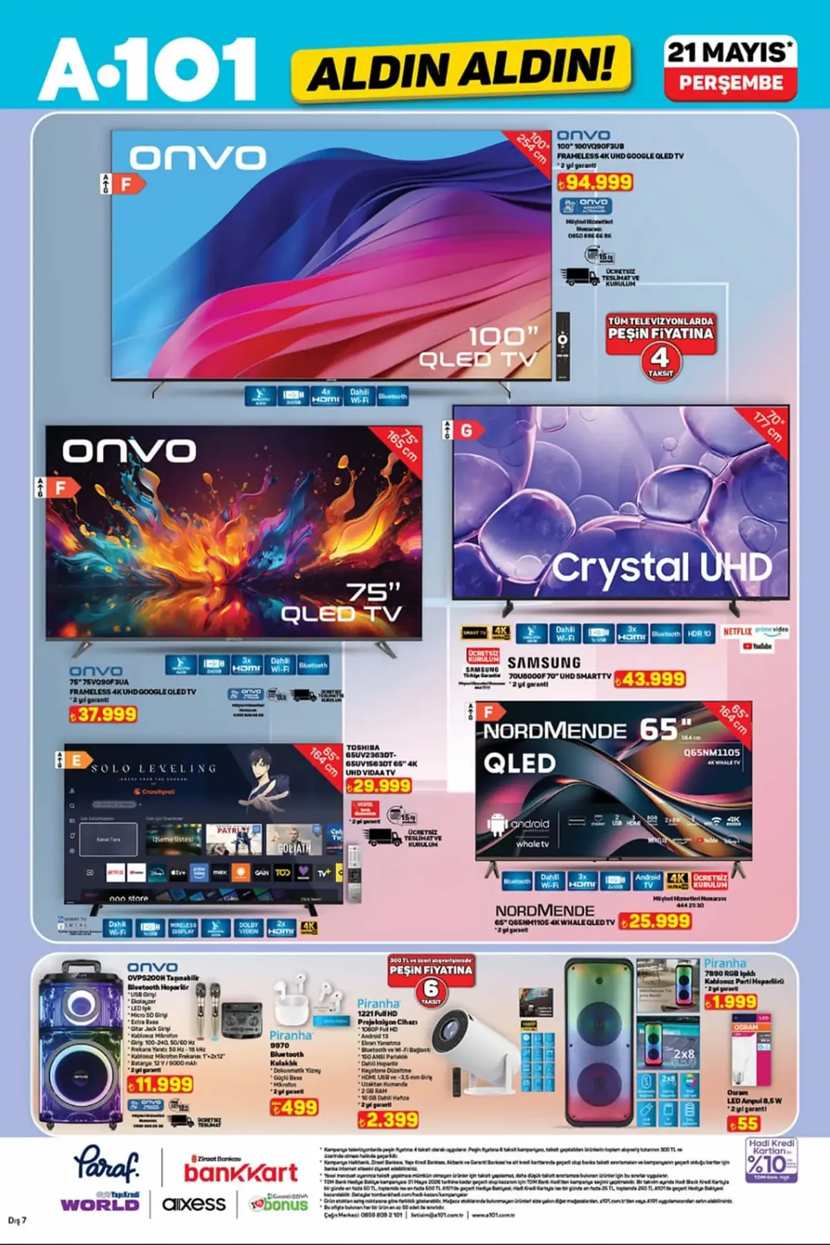 A101 A101 21 Mayıs 2026 Aktüel Ürünler Kataloğu sayfa 2: Onvo 100" 100Vo8080F3Ub Frameless 4K Uhd Google Qled Tv, Onvo 75" 75Vq90F3Ua Frameless 4K Uhd Google Oled Tv
