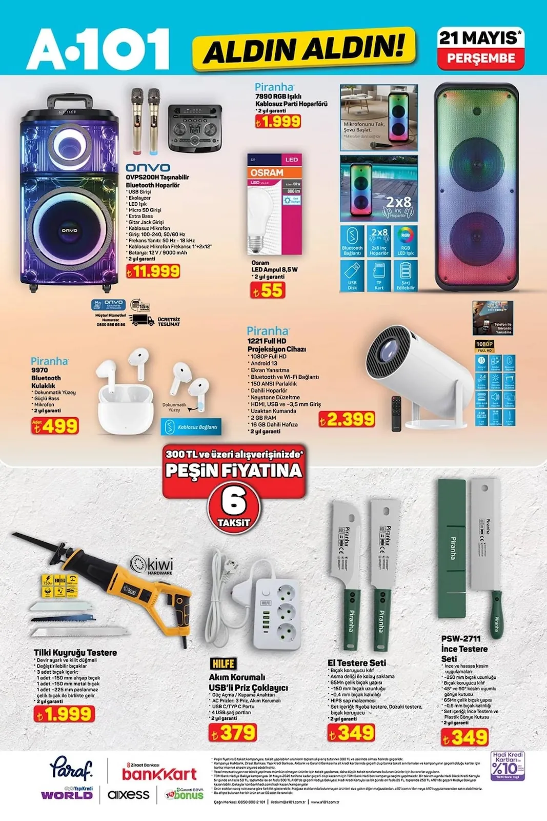 A101 A101 21 Mayıs 2026 Aktüel Kataloğu sayfa 3: Piranha 1221 Full Hd Projeksiyon Cihazı, Onvo Ovps200H Taşınabilir Bluetooth Hoparlör