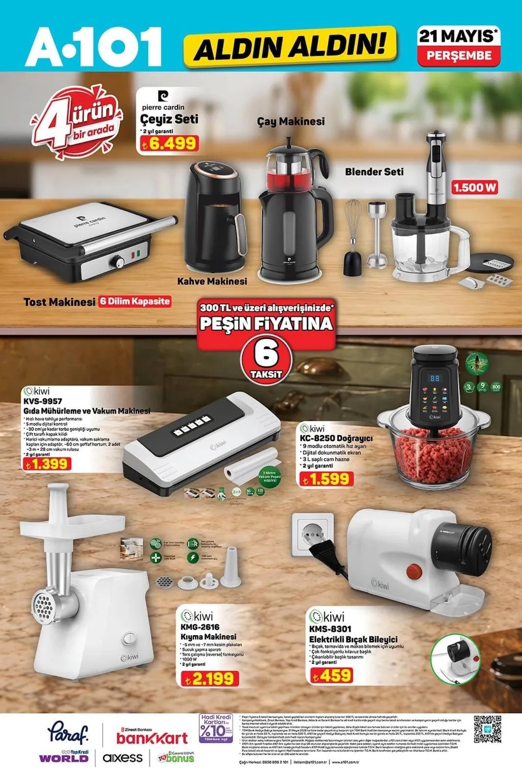 A101 A101 21 Mayıs 2026 Aktüel Kataloğu sayfa 4: Kiwi Kms-8301 Elektrikli Bıçak Bileyici, Kiwi Kvs-9957 Gıda Mühürleme Ve Vakum Makinesi