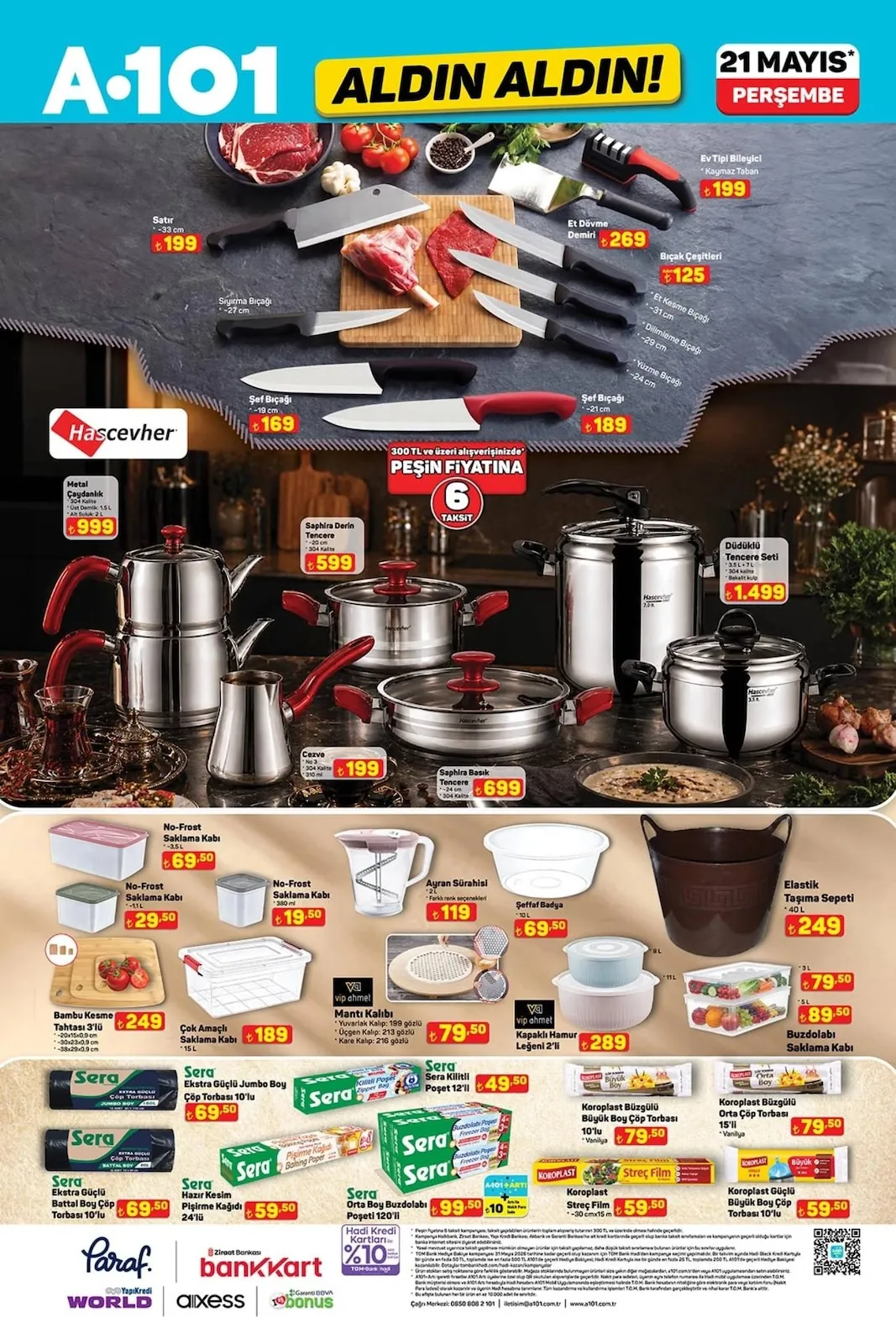 A101 A101 21 Mayıs 2026 Aktüel Kataloğu sayfa 5: Koroplast Büzgülü Büyük Boy Çöp Torbası 10Lu, Çok Amaçlı Saklama Kabı 15L