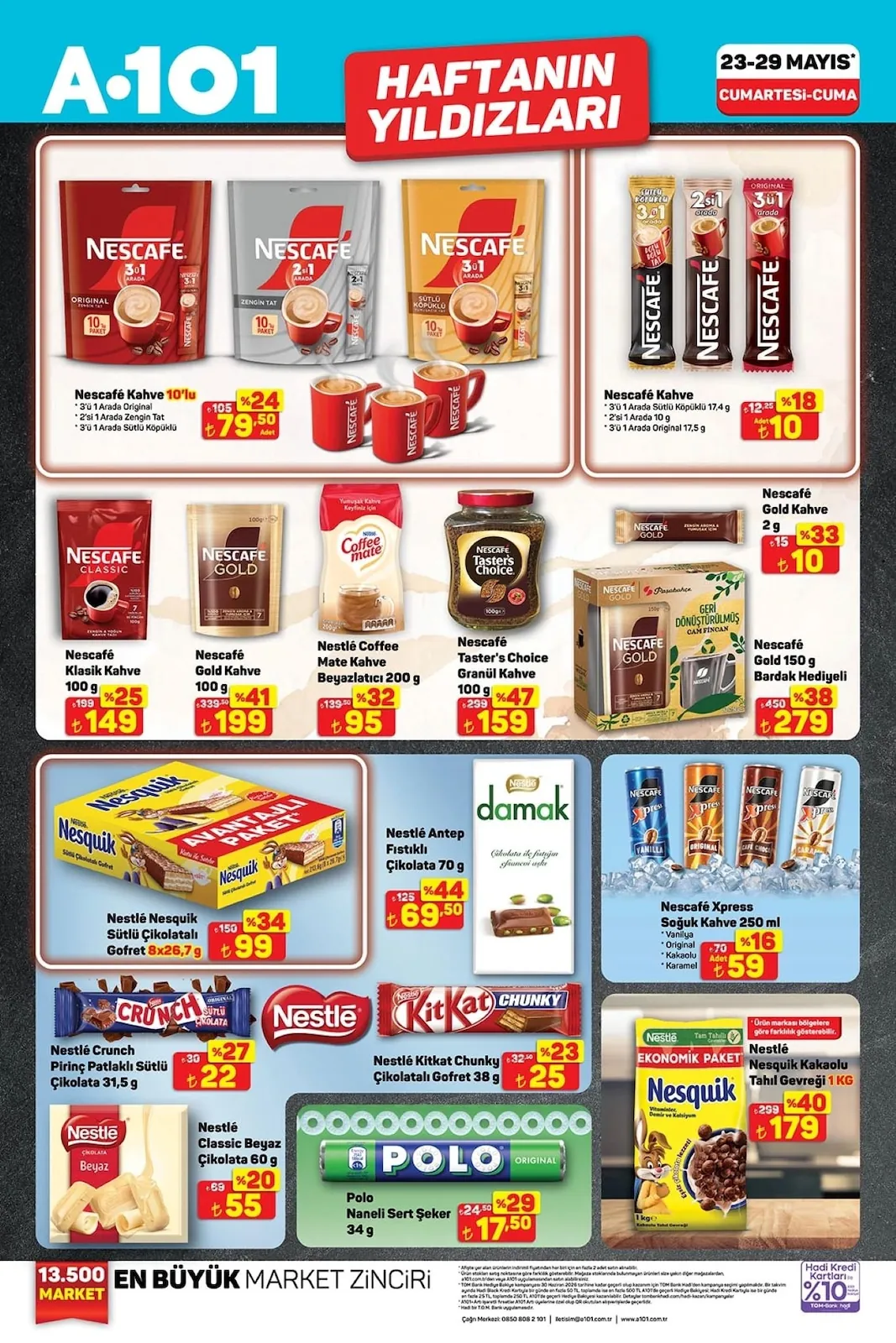 A101 A101 23 Mayıs 2026 Aktüel Kataloğu sayfa 3: Nescafé Xpress Soğuk Kahve 250 Ml, Nestlé Nesquik Sütlü Çikolatalı Gofret 8X26,7G